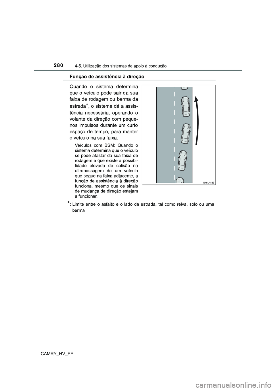 TOYOTA CAMRY 2023  Manual de utilização (in Portuguese) 2804-5. Utilização dos sistemas de apoio à condução
CAMRY_HV_EE
Função de assistência à direção
Quando  o  sistema  determina
que  o  veículo  pode  sair  da  sua
faixa  de  rodagem  ou  b