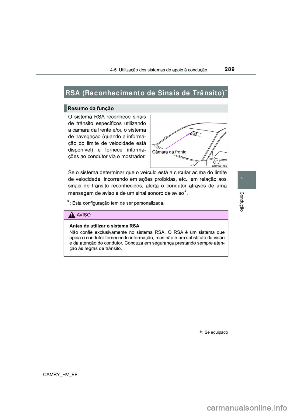 TOYOTA CAMRY 2023  Manual de utilização (in Portuguese) 2894-5. Utilização dos sistemas de apoio à condução
CAMRY_HV_EE
4
Condução
O  sistema  RSA  reconhece  sinais
de  trânsito  específicos  utilizando
a câmara da frente e/ou o sistema
de naveg