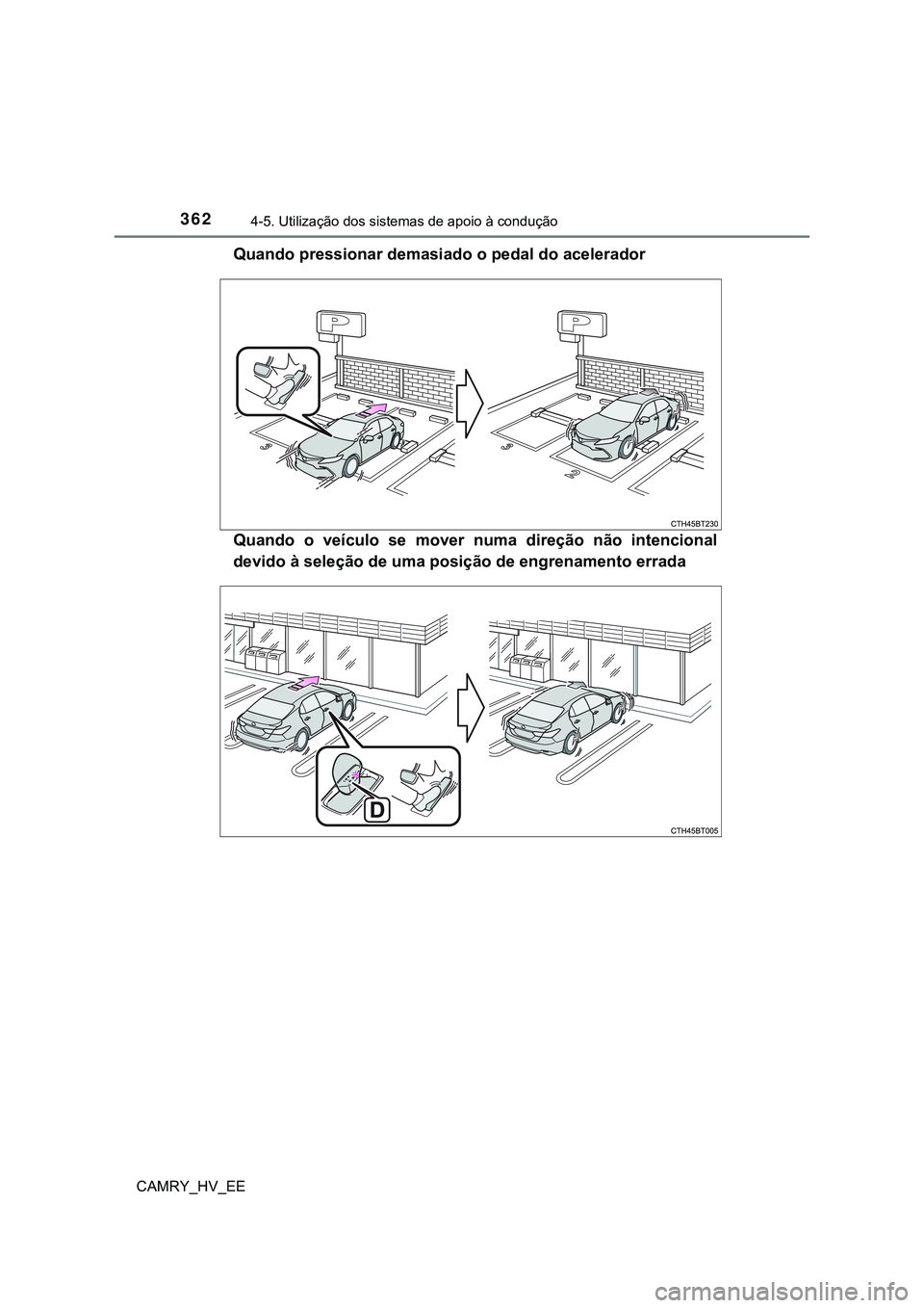 TOYOTA CAMRY 2023  Manual de utilização (in Portuguese) 3624-5. Utilização dos sistemas de apoio à condução
CAMRY_HV_EE
Quando pressionar demasiado o pedal do acelerador
Quando  o  veículo  se  mover  numa  direção  não  intencional
devido à sele