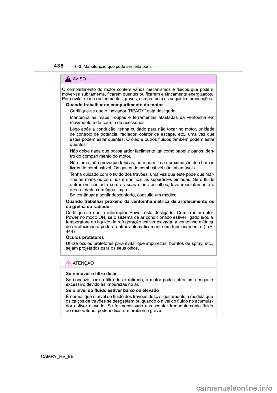 TOYOTA CAMRY 2023  Manual de utilização (in Portuguese) 4366-3. Manutenção que pode ser feita por si
CAMRY_HV_EE
AV I S O
O  compartimento  do  motor  contém  vários  mecanismos  e  fluidos  que  podem
mover-se subitamente, ficarem quentes ou ficarem e