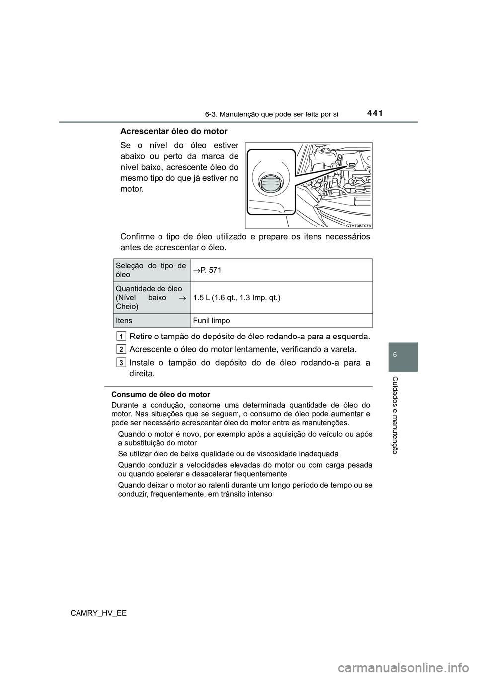 TOYOTA CAMRY 2023  Manual de utilização (in Portuguese) 4416-3. Manutenção que pode ser feita por si
CAMRY_HV_EE
6
Cuidados e manutenção
Acrescentar óleo do motor
Se  o  nível  do  óleo  estiver
abaixo  ou  perto  da  marca  de
nível  baixo,  acres
