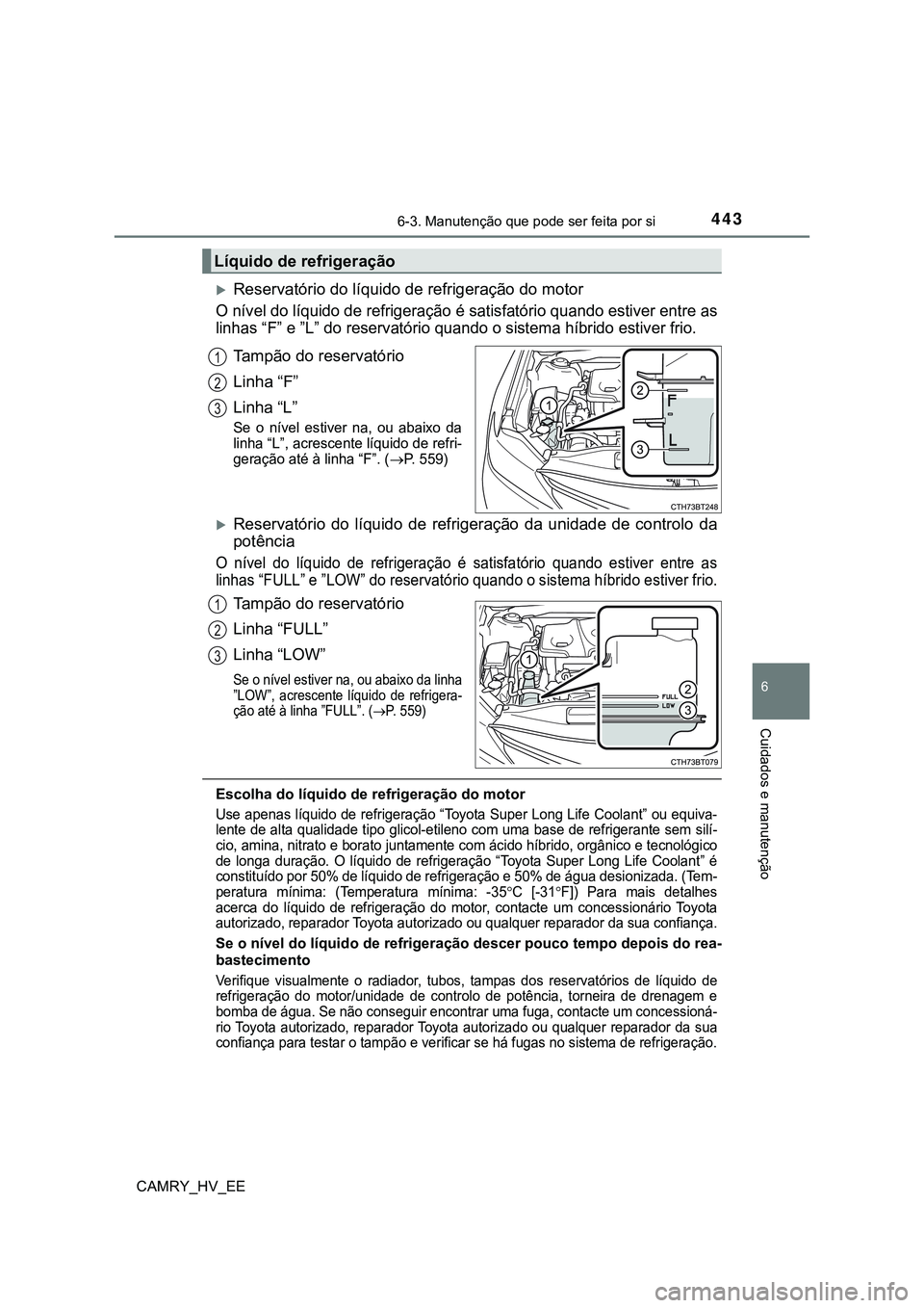 TOYOTA CAMRY 2023  Manual de utilização (in Portuguese) 4436-3. Manutenção que pode ser feita por si
CAMRY_HV_EE
6
Cuidados e manutenção
Reservatório do líquido de refrigeração do motor
O nível do líquido de refrigeração é satisfatório qua