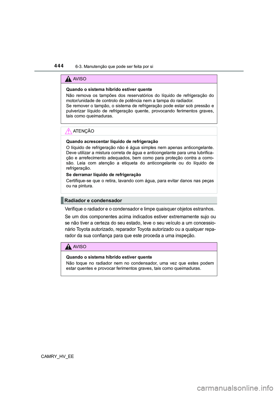 TOYOTA CAMRY 2023  Manual de utilização (in Portuguese) 4446-3. Manutenção que pode ser feita por si
CAMRY_HV_EE
Verifique o radiador e o condensador e limpe quaisquer objetos estranhos. 
Se  um  dos  componentes  acima  indicados  estiver  extremamente 