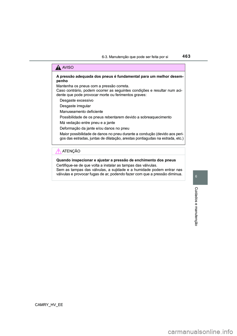 TOYOTA CAMRY 2023  Manual de utilização (in Portuguese) 4636-3. Manutenção que pode ser feita por si
CAMRY_HV_EE
6
Cuidados e manutenção
AV I S O
A pressão adequada dos pneus é fundamental para um melhor desem-
penho
Mantenha os pneus com a pressão 