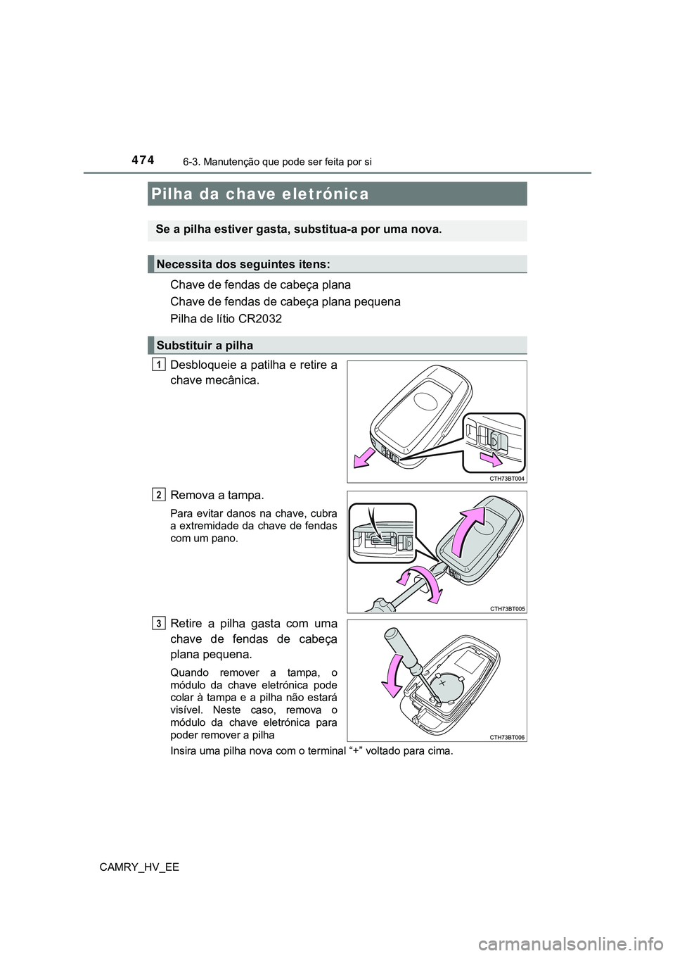 TOYOTA CAMRY 2023  Manual de utilização (in Portuguese) 4746-3. Manutenção que pode ser feita por si
CAMRY_HV_EE
Chave de fendas de cabeça plana
Chave de fendas de cabeça plana pequena
Pilha de lítio CR2032 
Desbloqueie a patilha e retire a
chave mec