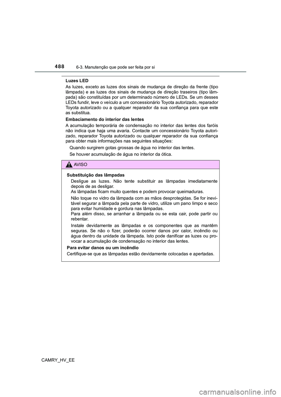 TOYOTA CAMRY 2023  Manual de utilização (in Portuguese) 4886-3. Manutenção que pode ser feita por si
CAMRY_HV_EE
Luzes LED
As  luzes,  exceto  as  luzes  dos  sinais  de  mudança  de  direção  da  frente  (tipo
lâmpada)  e  as  luzes  dos  sinais  de
