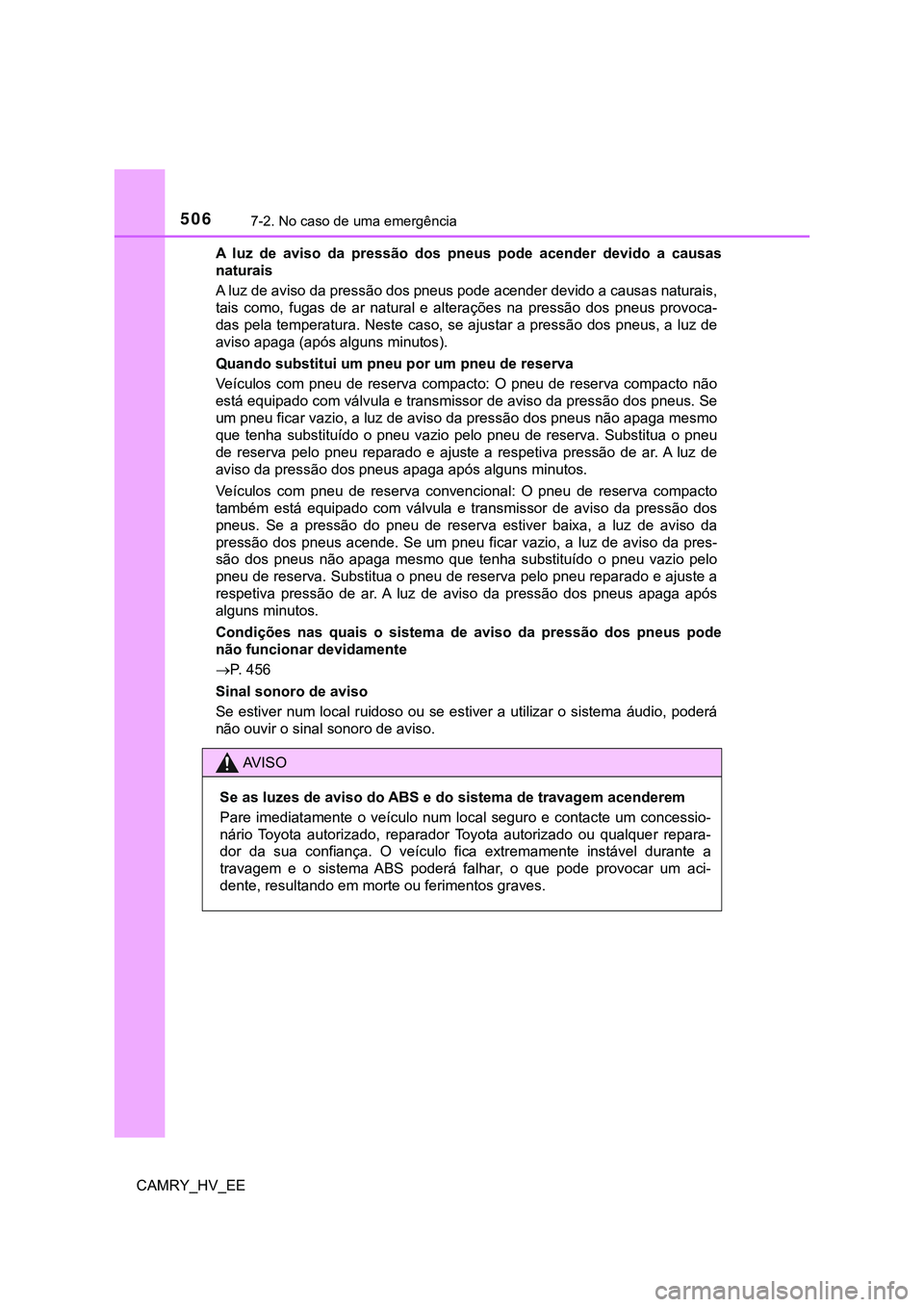 TOYOTA CAMRY 2023  Manual de utilização (in Portuguese) 5067-2. No caso de uma emergência
CAMRY_HV_EEA  luz  de  aviso  da  pressão  dos  pneus  pode  acender  devido  a  causas
naturais
A luz de aviso da pressão dos pneus pode acender devido a causas n