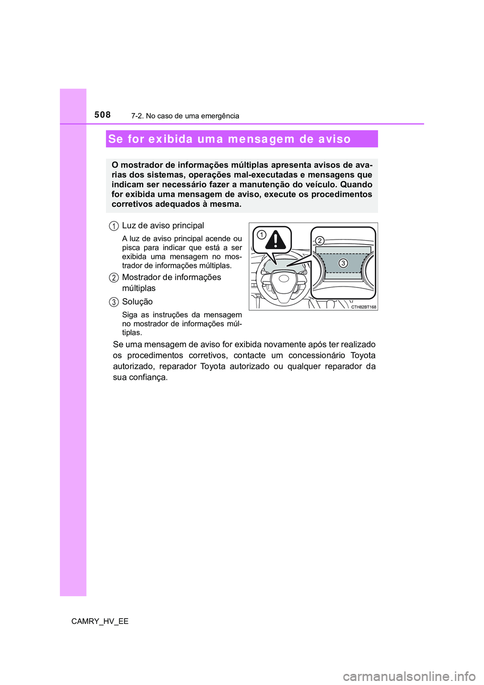 TOYOTA CAMRY 2023  Manual de utilização (in Portuguese) 5087-2. No caso de uma emergência
CAMRY_HV_EE
Luz de aviso principal
A  luz  de  aviso  principal  acende  ou
pisca  para  indicar  que  está  a  ser
exibida  uma  mensagem  no  mos-
trador de infor