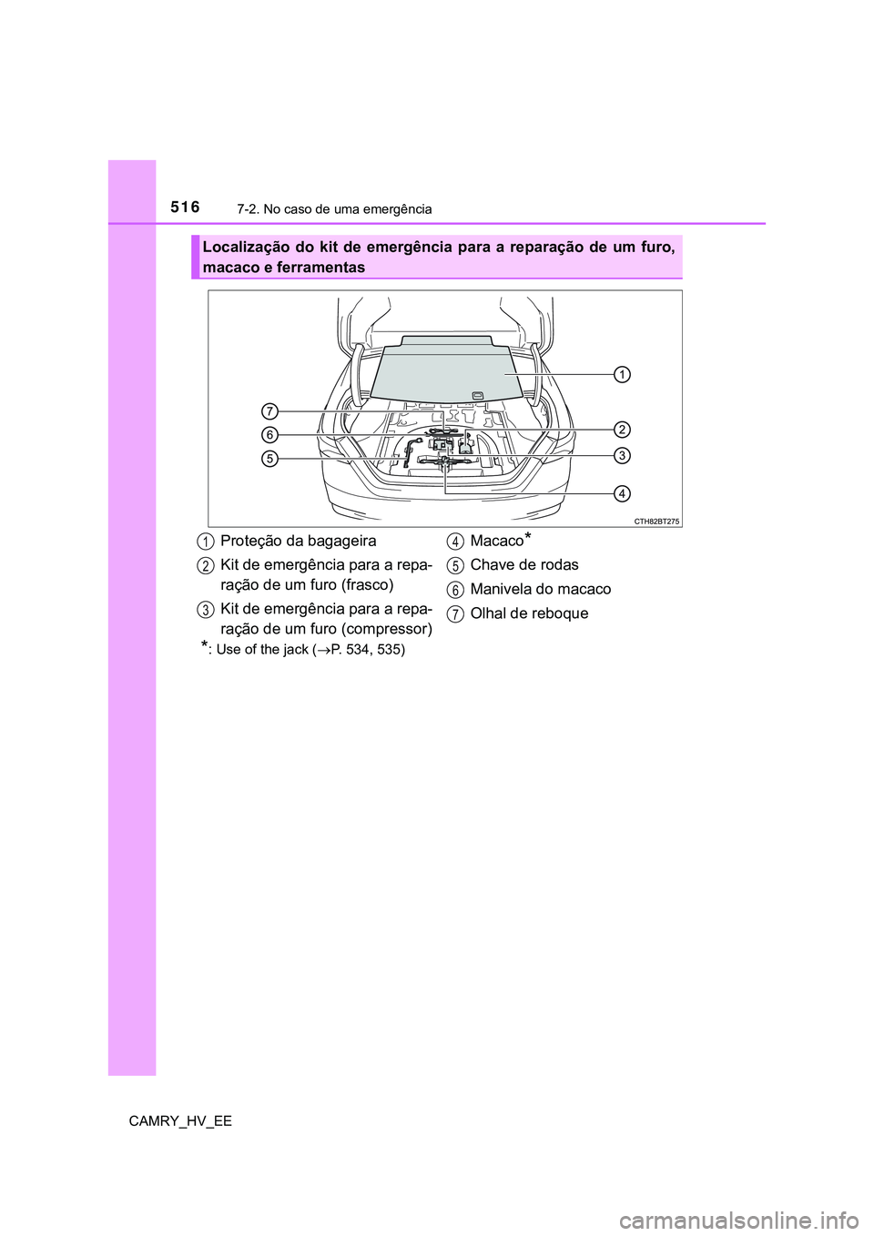 TOYOTA CAMRY 2023  Manual de utilização (in Portuguese) 5167-2. No caso de uma emergência
CAMRY_HV_EE
*: Use of the jack (P. 534, 535)
Localização  do  kit  de  emergência  para  a  reparação  de  um  furo,
macaco e ferramentas 
Proteção da baga