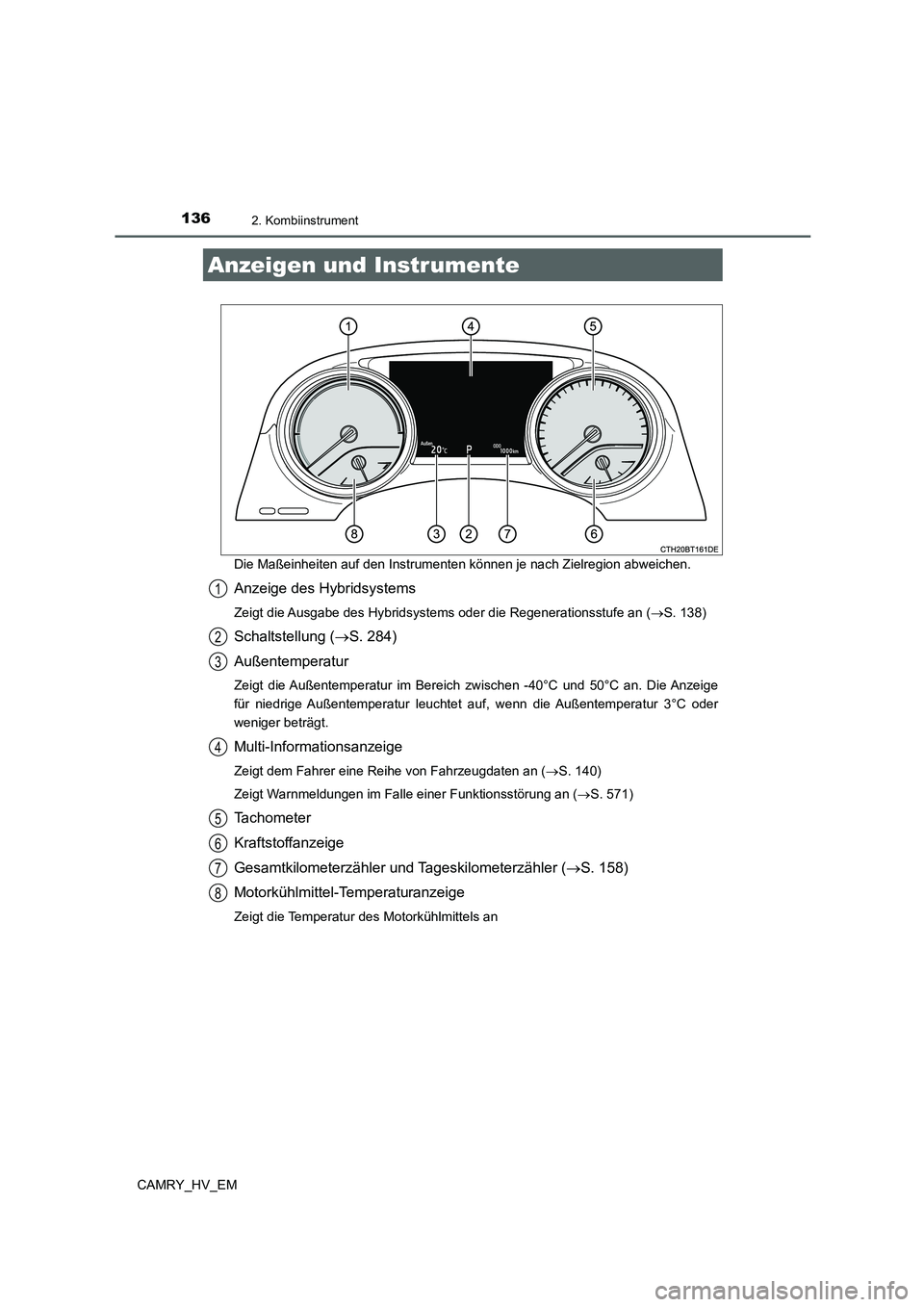 TOYOTA CAMRY 2021  Betriebsanleitungen (in German) 1362. Kombiinstrument
CAMRY_HV_EMDie Maßeinheiten auf den Instrumenten können je nach Zielregion abweichen.
Anzeige des Hybridsystems
Zeigt die Ausgabe des Hybridsystems oder die Regenerationsstufe 