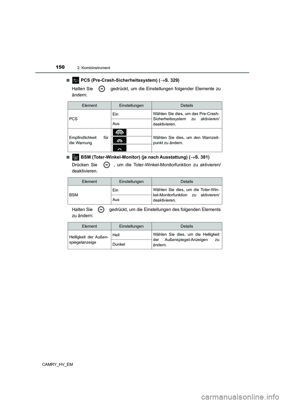 TOYOTA CAMRY 2021  Betriebsanleitungen (in German) 1502. Kombiinstrument
CAMRY_HV_EM■
 PCS (Pre-Crash-Sicherheitssystem) (S. 329)
Halten Sie   gedrückt, um die Einstellungen folgender Elemente zu
ändern:
■ BSM (Toter-Winkel-Monitor) (je nach 