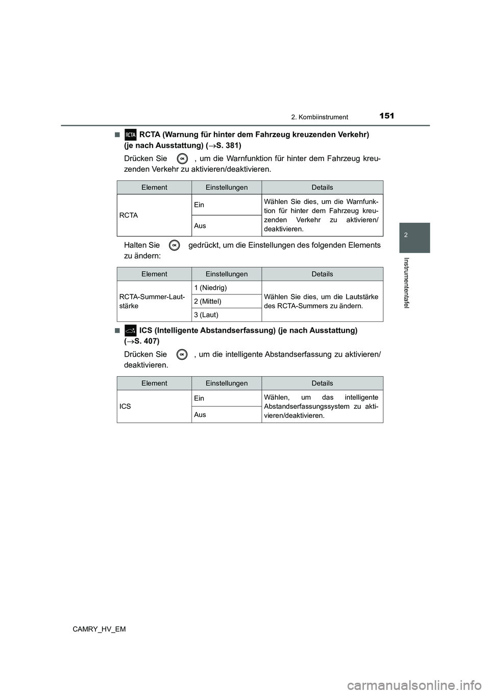 TOYOTA CAMRY 2021  Betriebsanleitungen (in German) 1512. Kombiinstrument
2
Instrumententafel
CAMRY_HV_EM■
 RCTA (Warnung für hinter dem Fahrzeug kreuzenden Verkehr) 
(je nach Ausstattung) (S. 381)
Drücken Sie  , um die Warnfunktion für hinter 