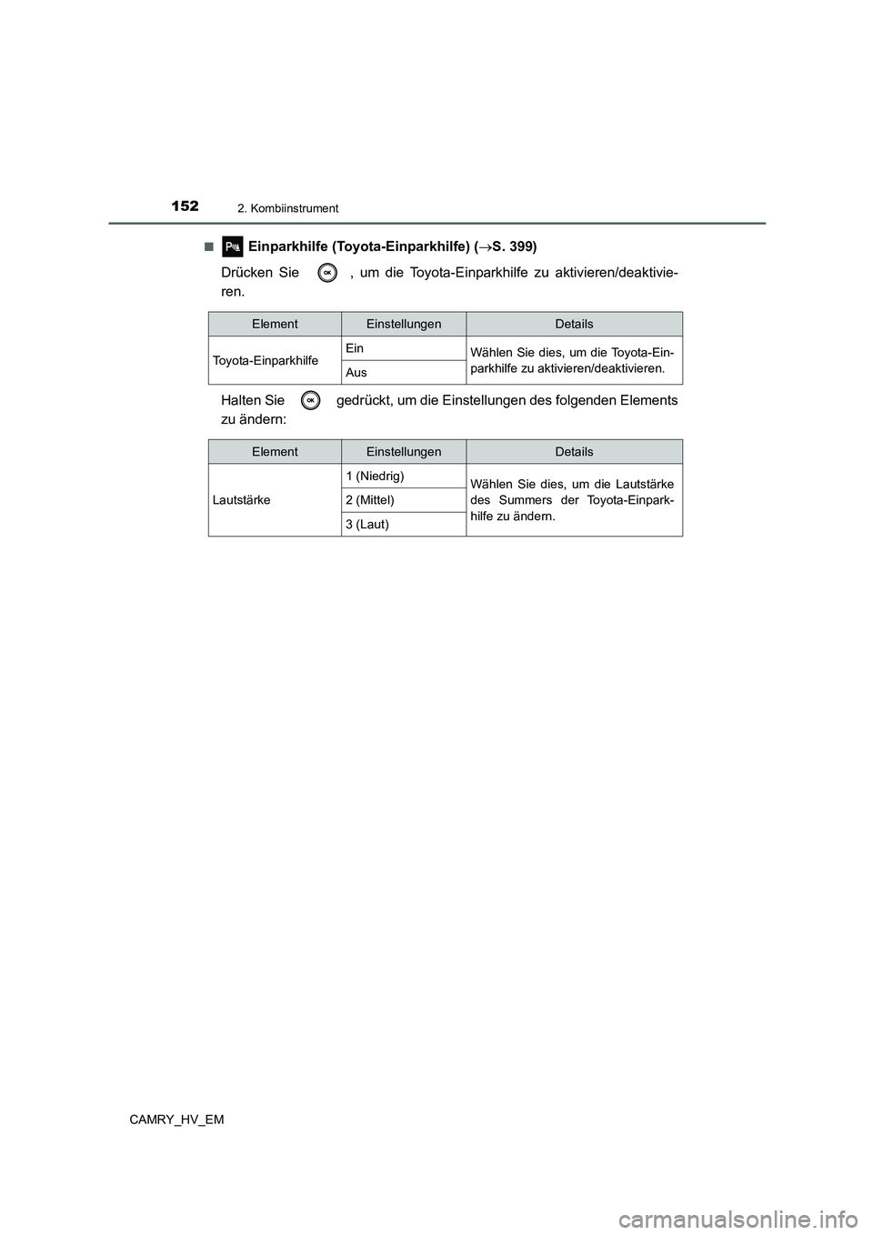 TOYOTA CAMRY 2021  Betriebsanleitungen (in German) 1522. Kombiinstrument
CAMRY_HV_EM■
 Einparkhilfe (Toyota-Einparkhilfe) (S. 399)
Drücken Sie  , um die Toyota-Einparkhilfe zu aktivieren/deaktivie-
ren.
Halten Sie   gedrückt, um die Einstellung
