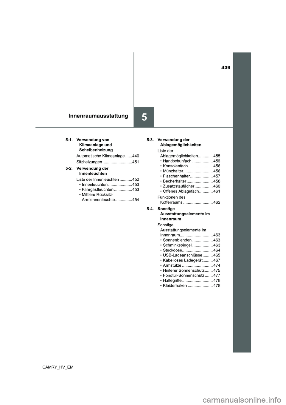 TOYOTA CAMRY 2021  Betriebsanleitungen (in German) 439
5Innenraumausstattung
CAMRY_HV_EM5-1. Verwendung von 
Klimaanlage und 
Scheibenheizung
Automatische Klimaanlage ...... 440
Sitzheizungen .......................... 451
5-2. Verwendung der 
Innenle