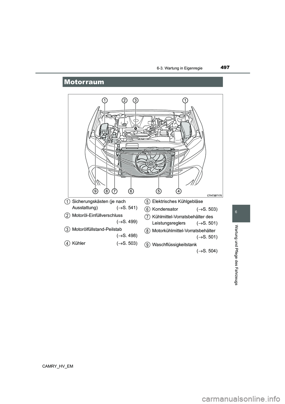 TOYOTA CAMRY 2021  Betriebsanleitungen (in German) 4976-3. Wartung in Eigenregie
6
Wartung und Pflege des Fahrzeugs
CAMRY_HV_EM
Motorraum
Sicherungskästen (je nach 
Ausstattung) (S. 541)
Motoröl-Einfüllverschluss 
(S. 499)
Motorölfüllstand-