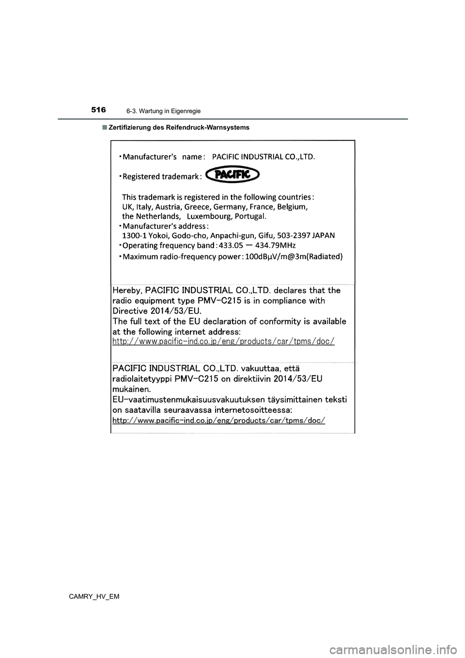 TOYOTA CAMRY 2021  Betriebsanleitungen (in German) 5166-3. Wartung in Eigenregie
CAMRY_HV_EM■Zertifizierung des Reifendruck-Warnsystems 