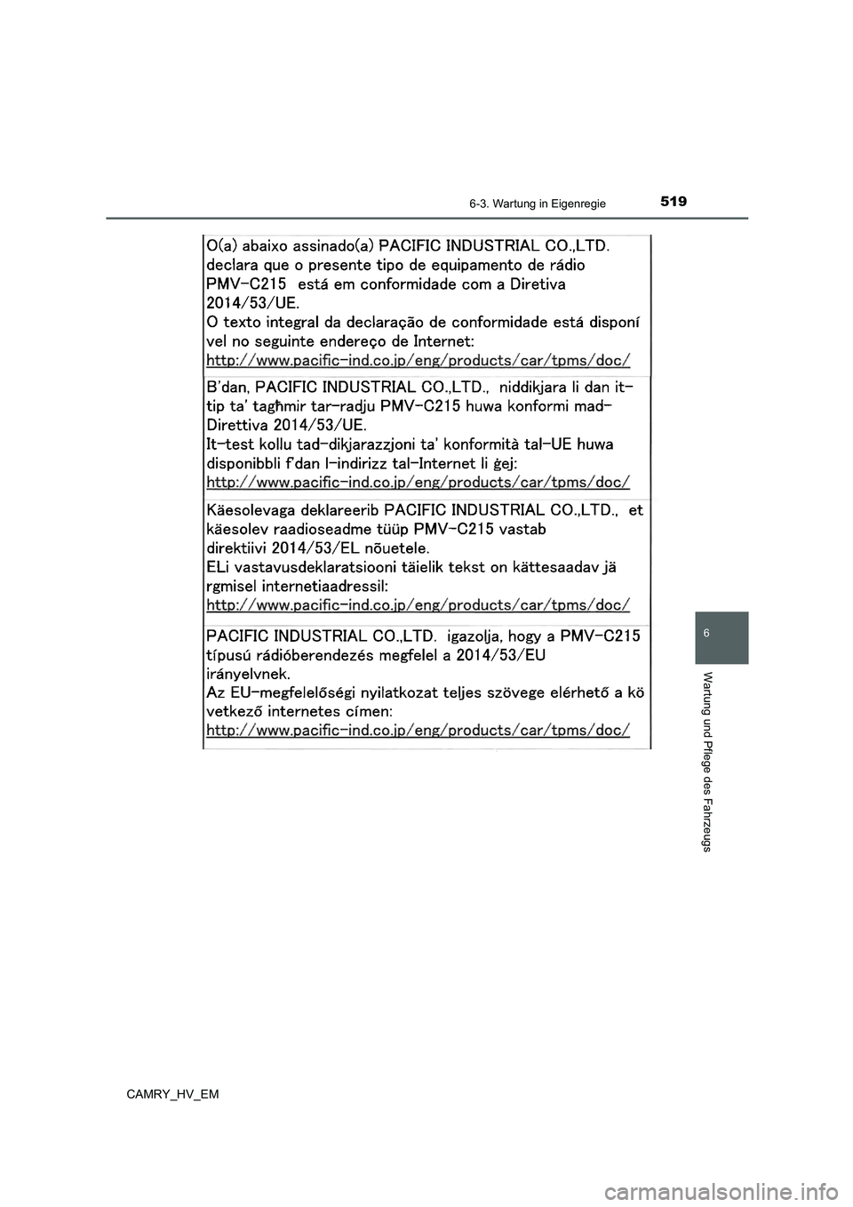 TOYOTA CAMRY 2021  Betriebsanleitungen (in German) 5196-3. Wartung in Eigenregie
6
Wartung und Pflege des Fahrzeugs
CAMRY_HV_EM 
