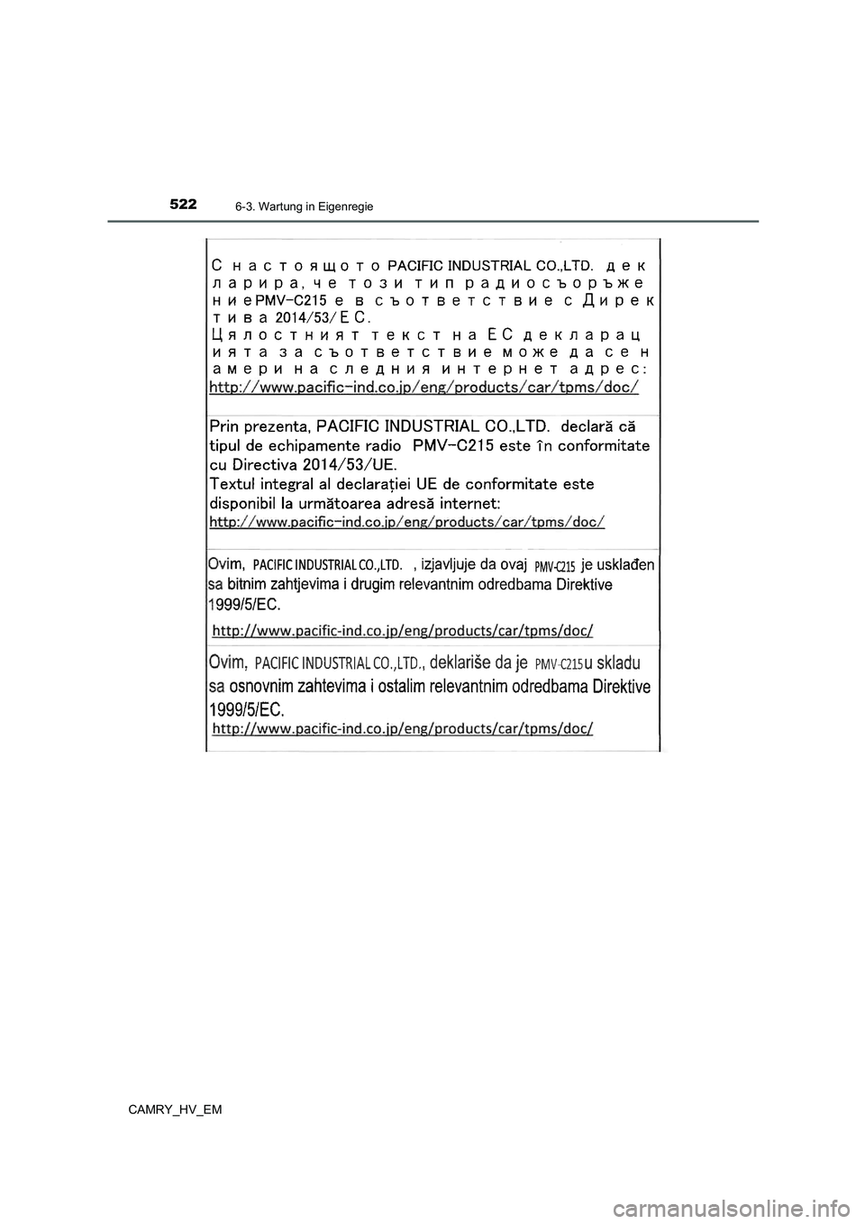TOYOTA CAMRY 2021  Betriebsanleitungen (in German) 5226-3. Wartung in Eigenregie
CAMRY_HV_EM 