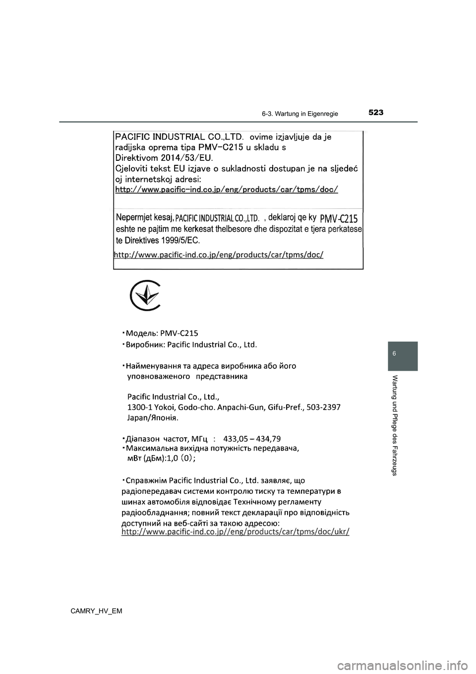 TOYOTA CAMRY 2021  Betriebsanleitungen (in German) 5236-3. Wartung in Eigenregie
6
Wartung und Pflege des Fahrzeugs
CAMRY_HV_EM 