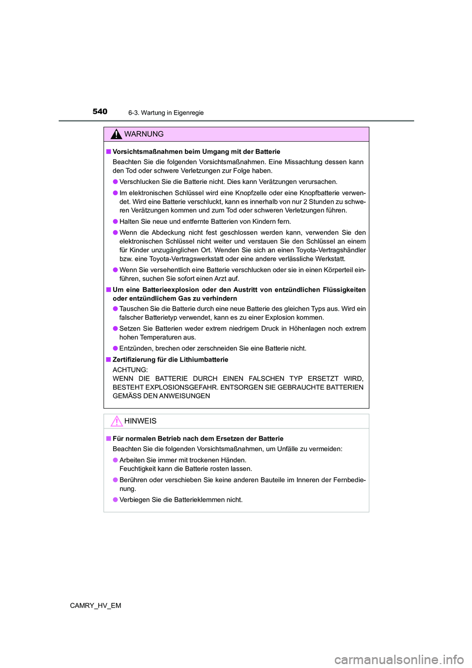 TOYOTA CAMRY 2021  Betriebsanleitungen (in German) 5406-3. Wartung in Eigenregie
CAMRY_HV_EM
WARNUNG
■Vorsichtsmaßnahmen beim Umgang mit der Batterie
Beachten Sie die folgenden Vorsichtsmaßnahmen. Eine Missachtung dessen kann
den Tod oder schwere 