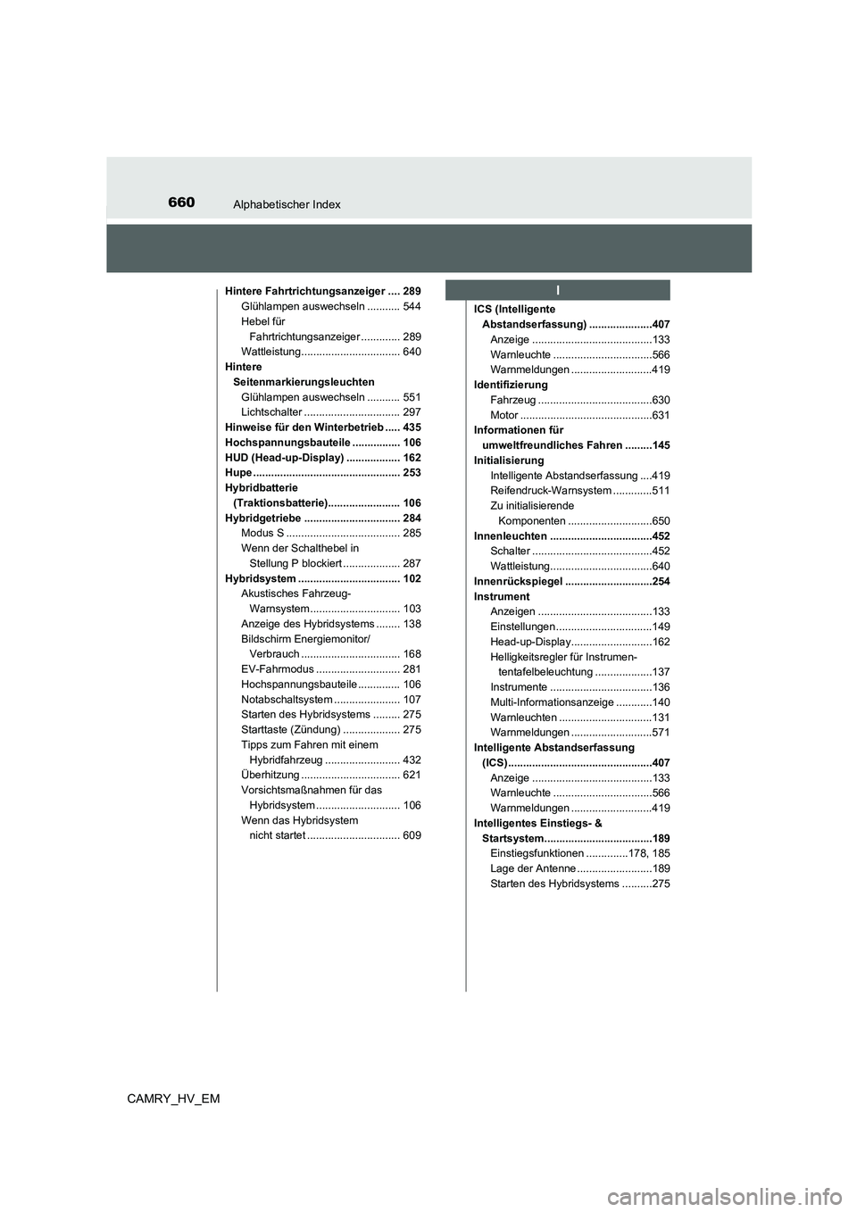 TOYOTA CAMRY 2021 Betriebsanleitungen (in German) 660Alphabetischer Index
CAMRY_HV_EM
Hintere Fahrtrichtungsanzeiger .... 289
Glühlampen auswechseln ........... 544
Hebel für
Fahrtrichtungsanzeiger ............. 289
Wattleistung................... TOYOTA CAMRY 2021 Betriebsanleitungen (in German) 660Alphabetischer Index
CAMRY_HV_EM
Hintere Fahrtrichtungsanzeiger .... 289
Glühlampen auswechseln ........... 544
Hebel für
Fahrtrichtungsanzeiger ............. 289
Wattleistung...................