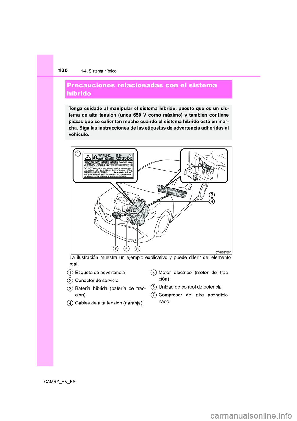 TOYOTA CAMRY 2021  Manual del propietario (in Spanish) 1061-4. Sistema híbrido
CAMRY_HV_ES
La ilustración muestra un ejemplo explicativo y puede diferir del elemento 
real.
Precauciones relacionadas con el sistema  
híbrido
Tenga cuidado al manipular e