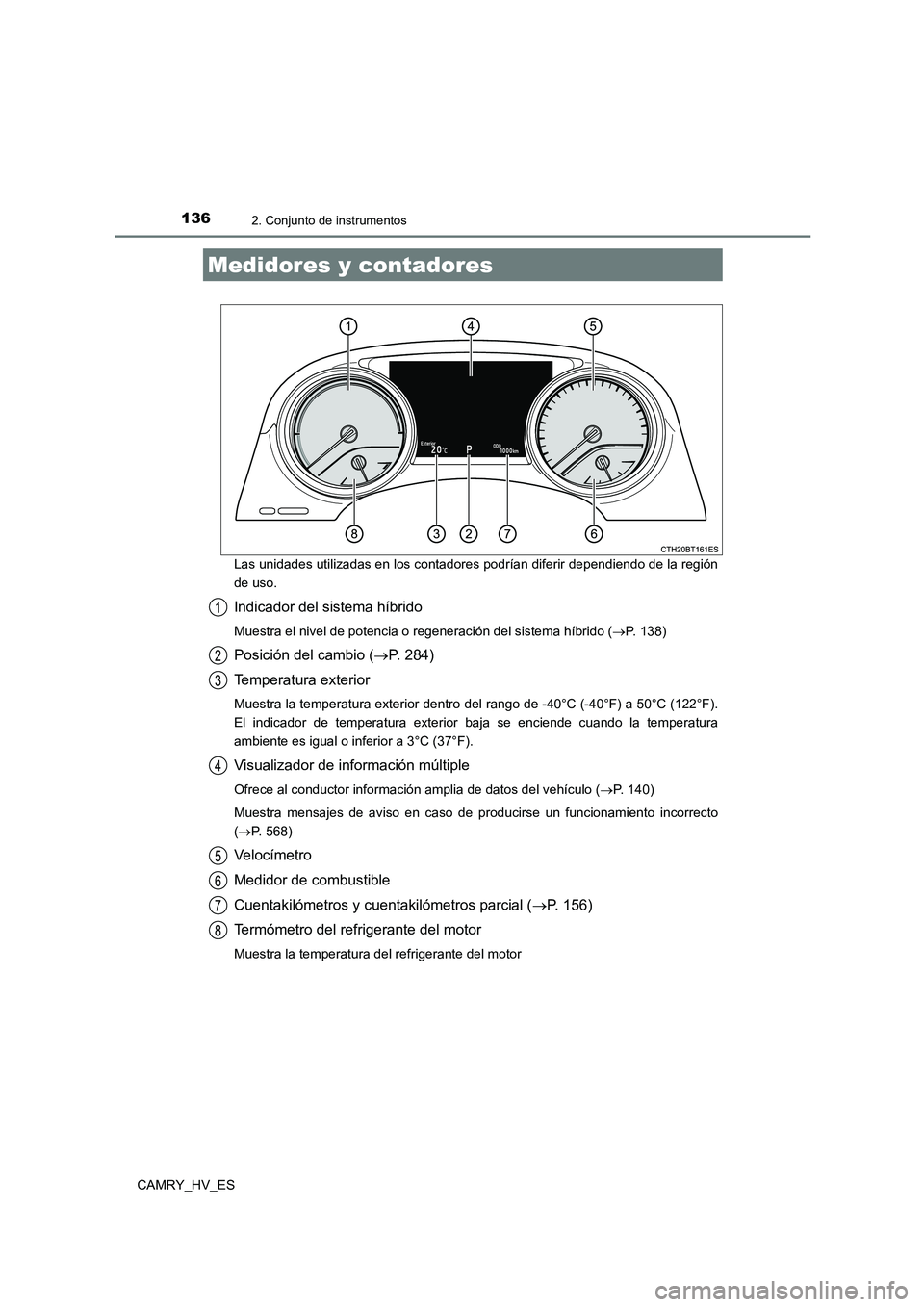 TOYOTA CAMRY 2021  Manual del propietario (in Spanish) 1362. Conjunto de instrumentos
CAMRY_HV_ES 
Las unidades utilizadas en los contadores podrían diferir dependiendo de la región 
de uso.
Indicador del sistema híbrido
Muestra el nivel de potencia o 