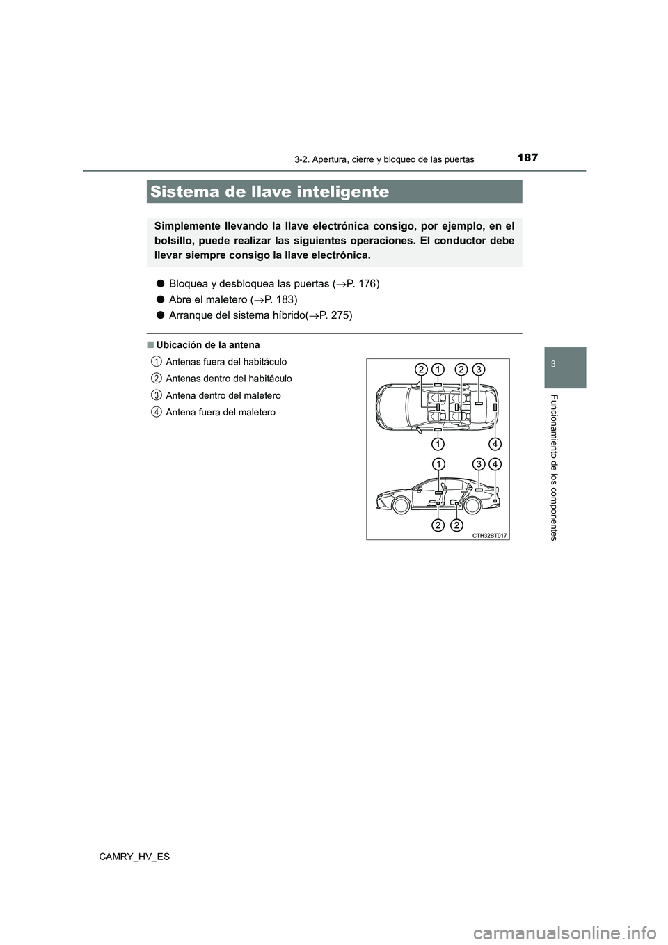 TOYOTA CAMRY 2021  Manual del propietario (in Spanish) 1873-2. Apertura, cierre y bloqueo de las puertas
3
Funcionamiento de los componentes
CAMRY_HV_ES
●Bloquea y desbloquea las puertas (P. 176) 
● Abre el maletero (P. 183) 
● Arranque del si