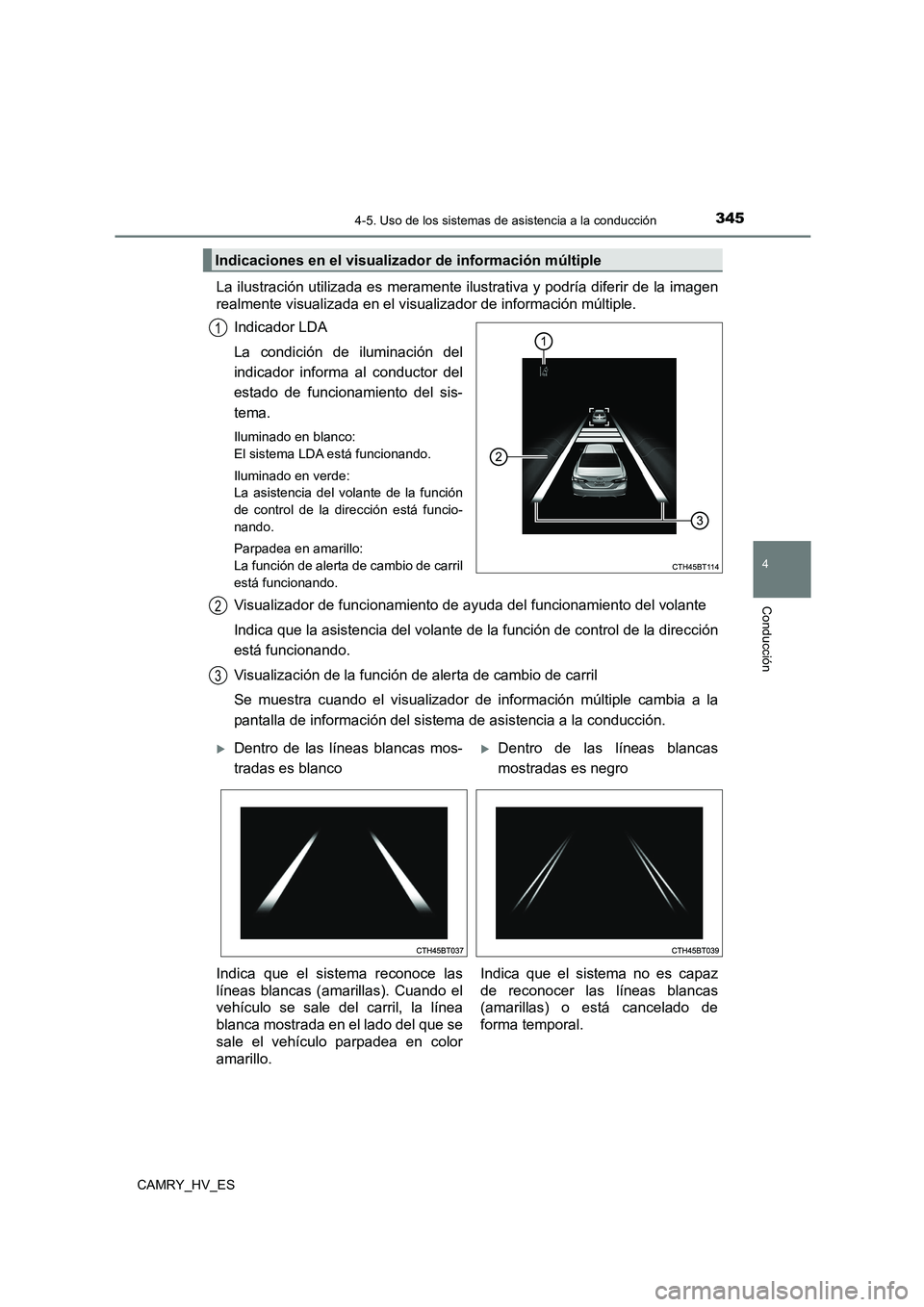 TOYOTA CAMRY 2021 Manual del propietario (in Spanish) 3454-5. Uso de los sistemas de asistencia a la conducción
4
Conducción
CAMRY_HV_ES
La ilustración utilizada es meramente ilustrativa y podría diferir de la imagen
realmente visualizada en el visu TOYOTA CAMRY 2021 Manual del propietario (in Spanish) 3454-5. Uso de los sistemas de asistencia a la conducción
4
Conducción
CAMRY_HV_ES
La ilustración utilizada es meramente ilustrativa y podría diferir de la imagen
realmente visualizada en el visu