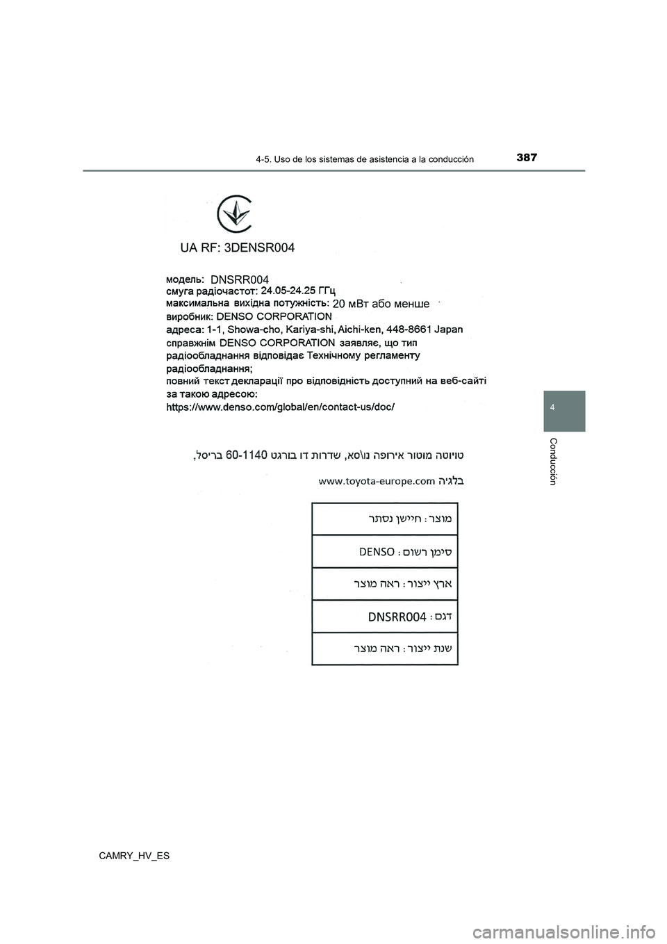 TOYOTA CAMRY 2021  Manual del propietario (in Spanish) 3874-5. Uso de los sistemas de asistencia a la conducción
4
Conducción
CAMRY_HV_ES 