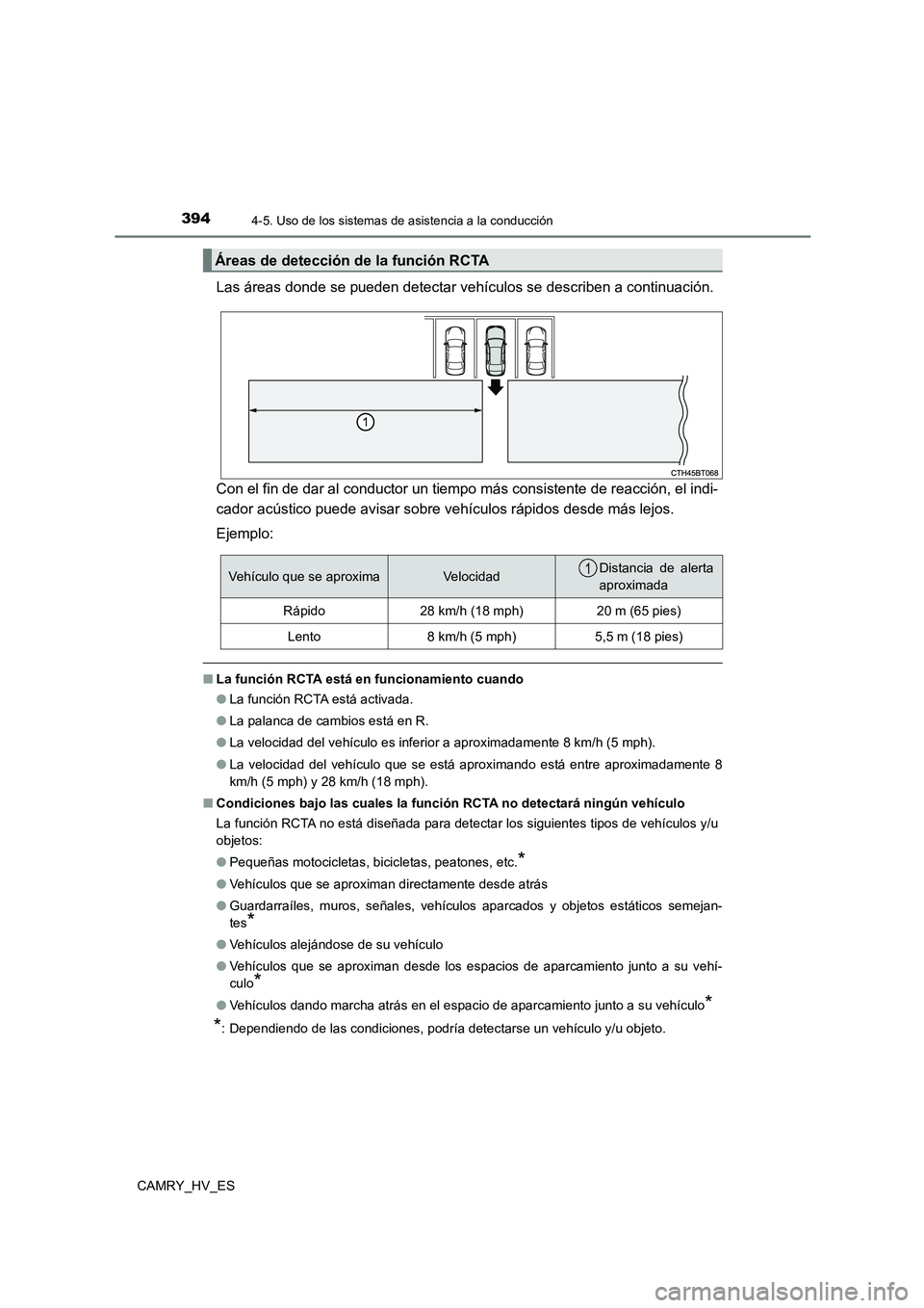 TOYOTA CAMRY 2021 Manual del propietario (in Spanish) 3944-5. Uso de los sistemas de asistencia a la conducción
CAMRY_HV_ES
Las áreas donde se pueden detectar vehículos se describen a continuación.
Con el fin de dar al conductor un tiempo más consi TOYOTA CAMRY 2021 Manual del propietario (in Spanish) 3944-5. Uso de los sistemas de asistencia a la conducción
CAMRY_HV_ES
Las áreas donde se pueden detectar vehículos se describen a continuación.
Con el fin de dar al conductor un tiempo más consi
