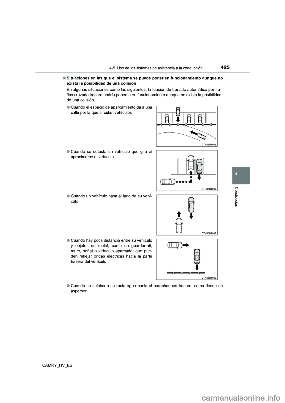 TOYOTA CAMRY 2021  Manual del propietario (in Spanish) 4254-5. Uso de los sistemas de asistencia a la conducción
4
Conducción
CAMRY_HV_ES 
■ Situaciones en las que el sistema se puede poner en funcionamiento aunque no 
exista la posibilidad de una col