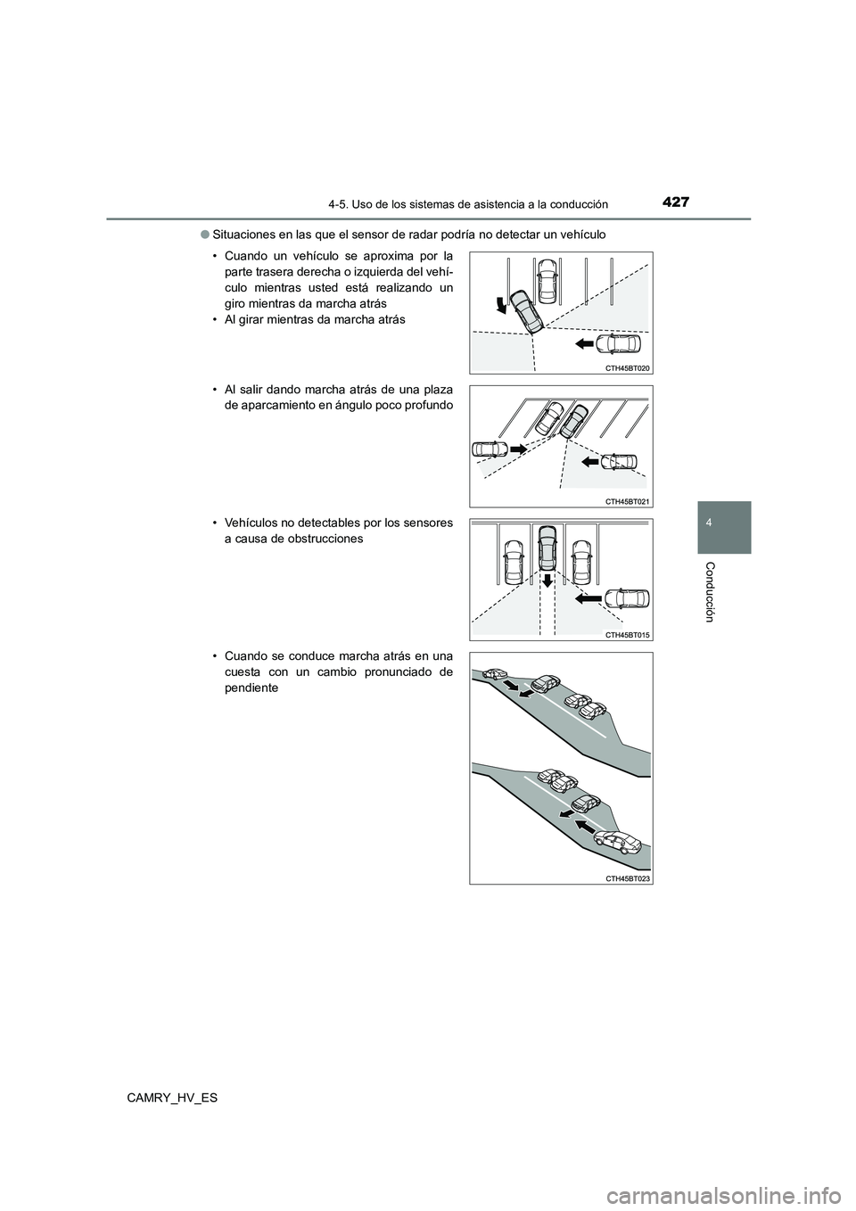 TOYOTA CAMRY 2021  Manual del propietario (in Spanish) 4274-5. Uso de los sistemas de asistencia a la conducción
4
Conducción
CAMRY_HV_ES 
● Situaciones en las que el sensor de radar podría no detectar un vehículo 
• Cuando un vehículo se aproxim