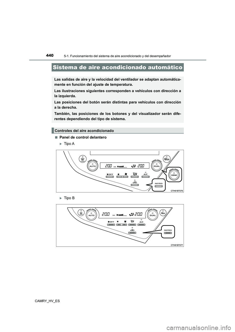 TOYOTA CAMRY 2021  Manual del propietario (in Spanish) 440
CAMRY_HV_ES
5-1. Funcionamiento del sistema de aire acondicionado y del desempañador
■Panel de control delantero
Tipo A
Tipo B
Sistema de aire acondicionado automático
Las salidas de air