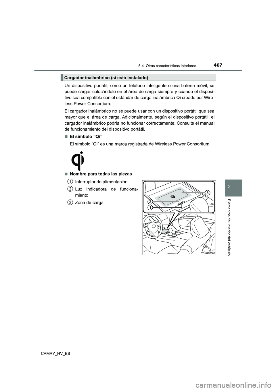 TOYOTA CAMRY 2021  Manual del propietario (in Spanish) 4675-4. Otras características interiores
5
Elementos del interior del vehículo
CAMRY_HV_ES
Un dispositivo portátil, como un teléfono inteligente o una batería móvil, se 
puede cargar colocándol