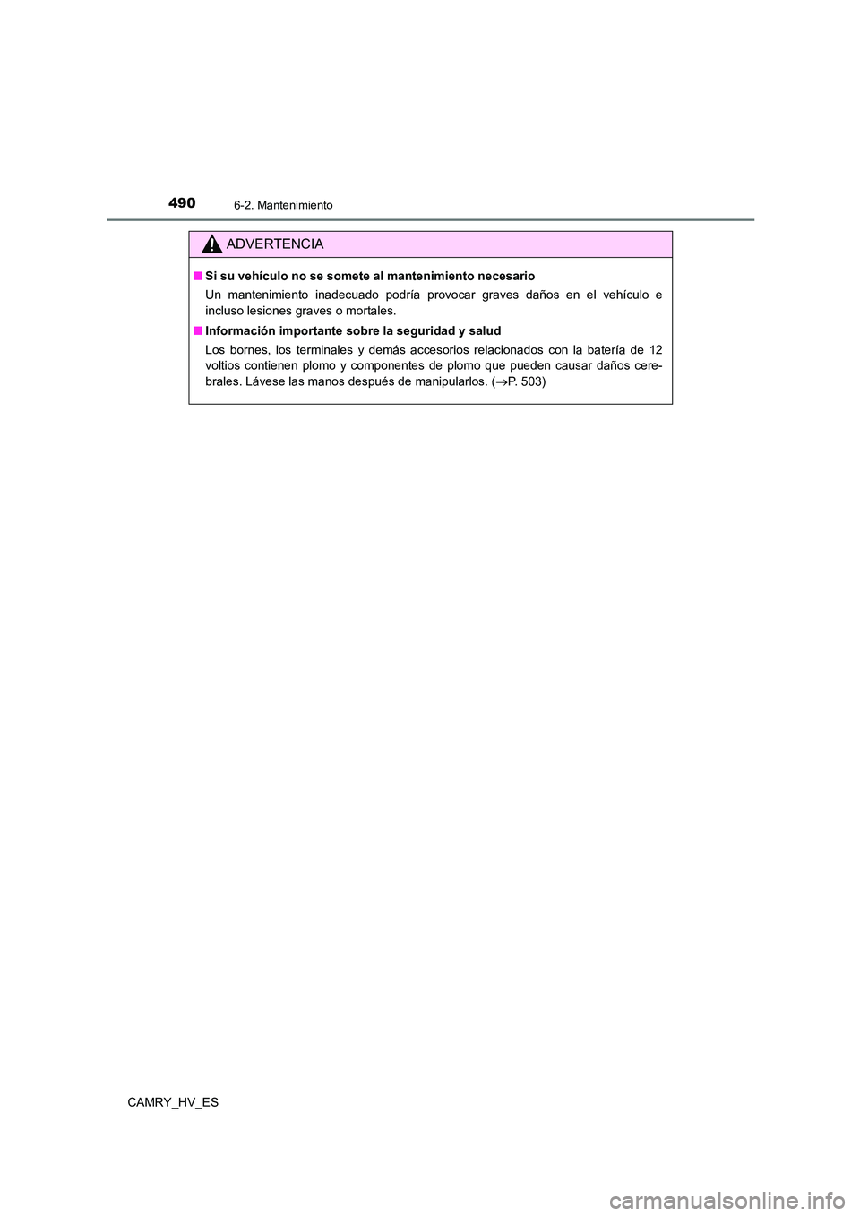 TOYOTA CAMRY 2021  Manual del propietario (in Spanish) 4906-2. Mantenimiento
CAMRY_HV_ES
ADVERTENCIA
■Si su vehículo no se somete al mantenimiento necesario 
Un mantenimiento inadecuado podría provocar graves daños en el vehículo e 
incluso lesiones