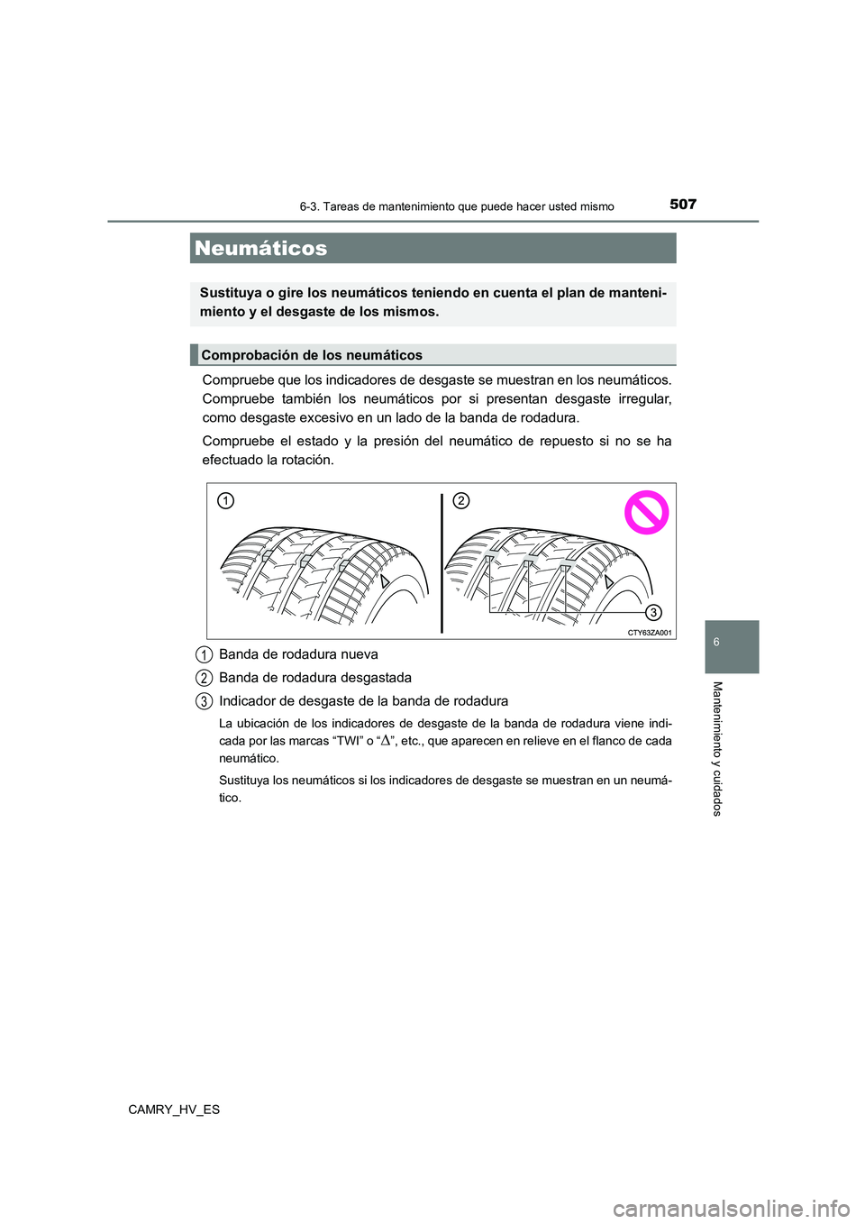 TOYOTA CAMRY 2021  Manual del propietario (in Spanish) 5076-3. Tareas de mantenimiento que puede hacer usted mismo
6
Mantenimiento y cuidados
CAMRY_HV_ES
Compruebe que los indicadores de desgaste se muestran en los neumáticos. 
Compruebe también los neu