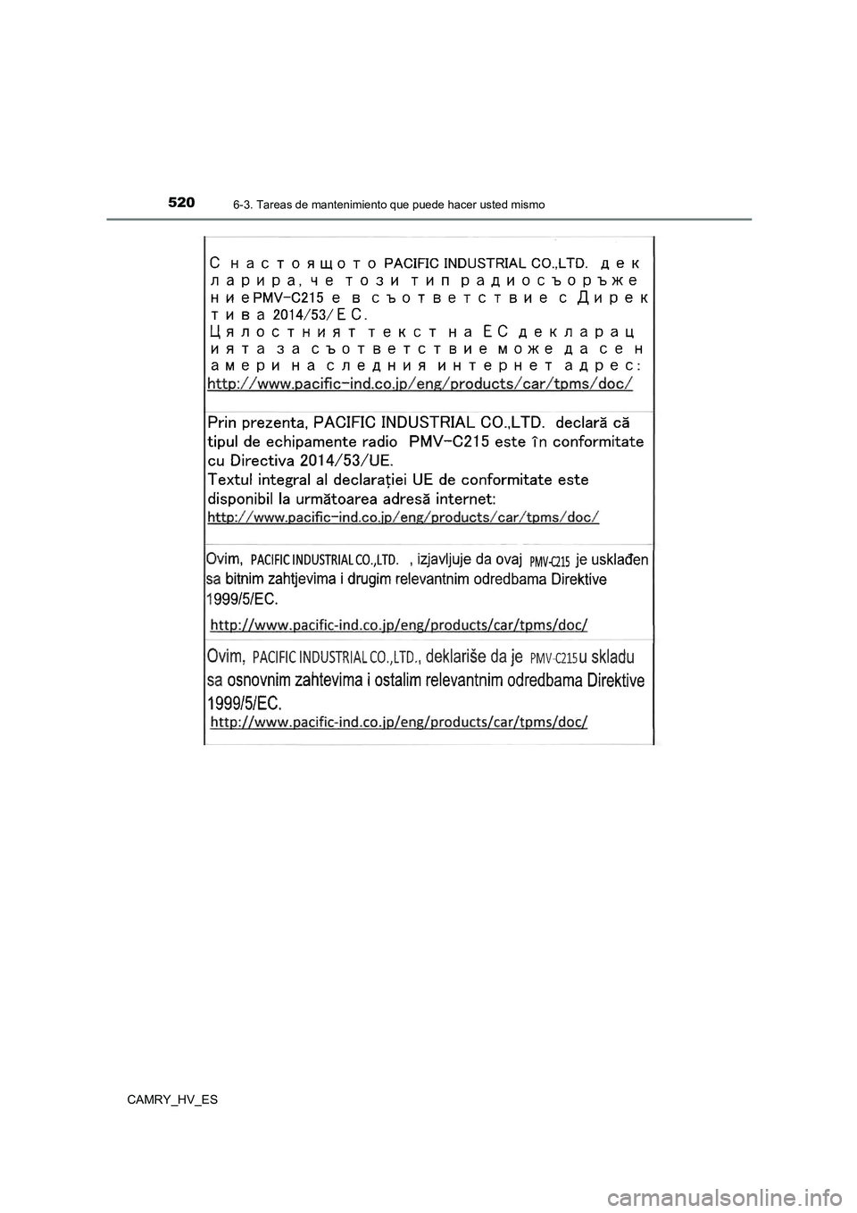 TOYOTA CAMRY 2021  Manual del propietario (in Spanish) 5206-3. Tareas de mantenimiento que puede hacer usted mismo
CAMRY_HV_ES 