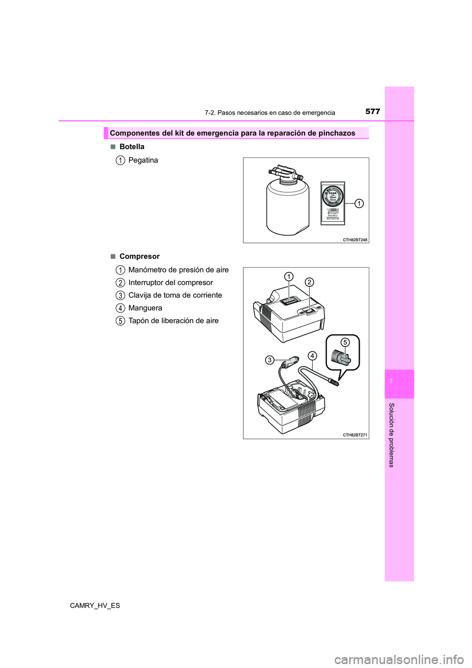 TOYOTA CAMRY 2021  Manual del propietario (in Spanish) 5777-2. Pasos necesarios en caso de emergencia
7
Solución de problemas
CAMRY_HV_ES 
■Botella 
Pegatina
■Compresor 
Manómetro de presión de aire 
Interruptor del compresor 
Clavija de toma de co