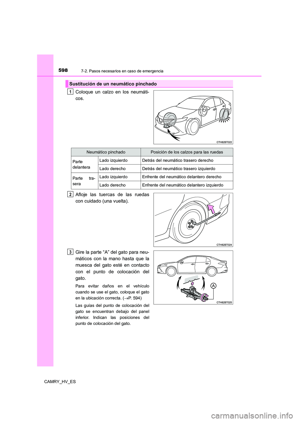 TOYOTA CAMRY 2021  Manual del propietario (in Spanish) 5987-2. Pasos necesarios en caso de emergencia
CAMRY_HV_ES
Coloque un calzo en los neumáti- 
cos. 
Afloje las tuercas de las ruedas 
con cuidado (una vuelta). 
Gire la parte “A” del gato para neu