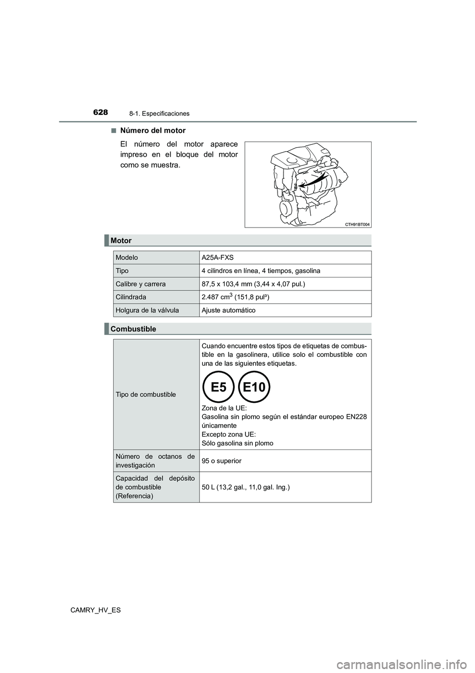 TOYOTA CAMRY 2021  Manual del propietario (in Spanish) 6288-1. Especificaciones
CAMRY_HV_ES 
■Número del motor 
El número del motor aparece 
impreso en el bloque del motor 
como se muestra.
Motor
Modelo A25A-FXS
Tipo 4 cilindros en línea, 4 tiempos, 