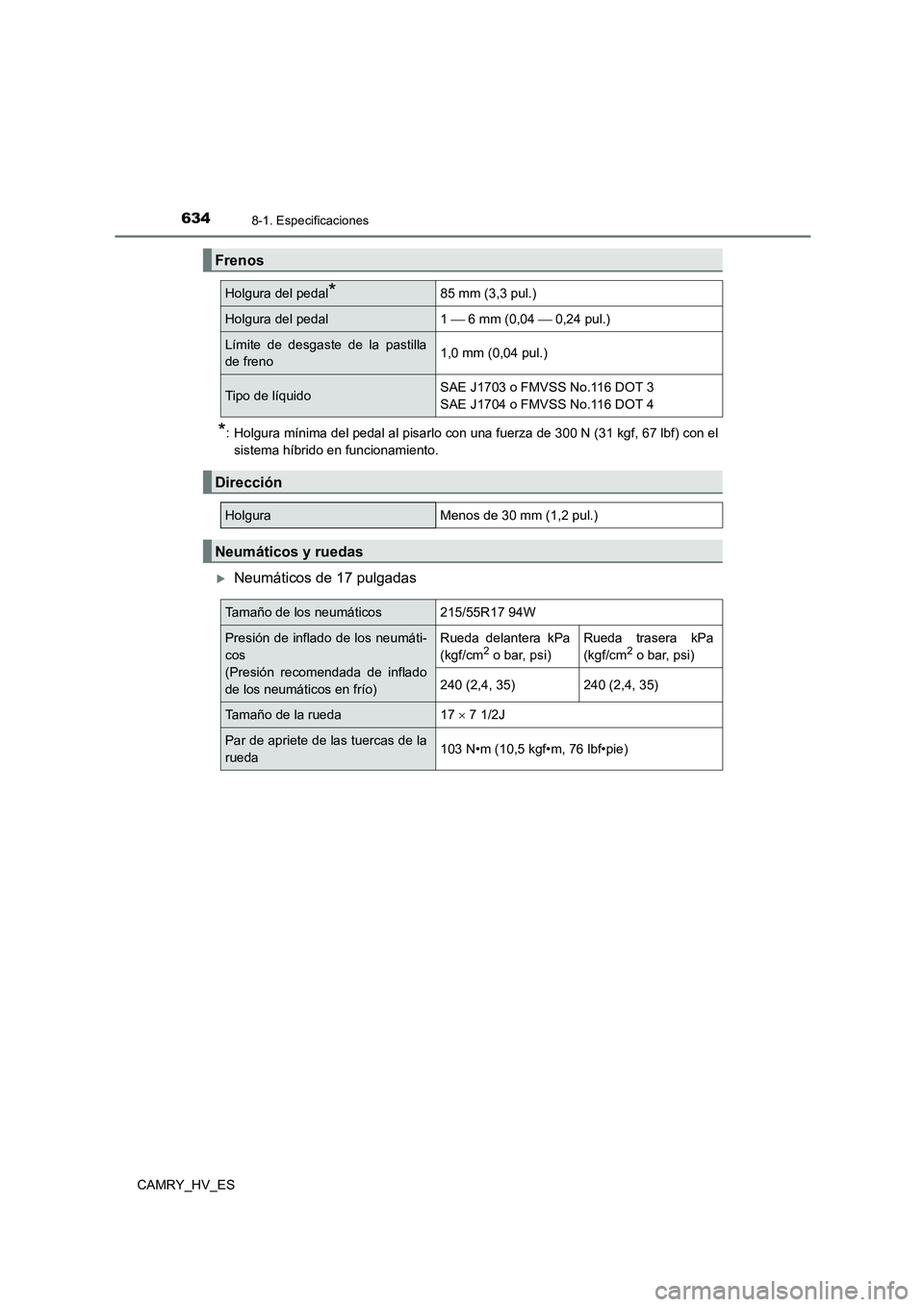 TOYOTA CAMRY 2021  Manual del propietario (in Spanish) 6348-1. Especificaciones
CAMRY_HV_ES
*: Holgura mínima del pedal al pisarlo con una fuerza de 300 N (31 kgf, 67 lbf) con el 
sistema híbrido en funcionamiento.
Neumáticos de 17 pulgadas 
Frenos
