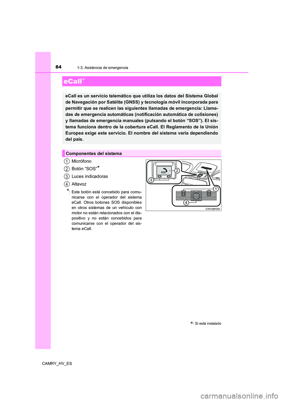TOYOTA CAMRY 2021  Manual del propietario (in Spanish) 84
CAMRY_HV_ES
1-3. Asistencia de emergencia
Micrófono 
Botón “SOS”*
Luces indicadoras 
Altavoz
*: Este botón está concebido para comu- 
nicarse con el operador del sistema 
eCall. Otros boton