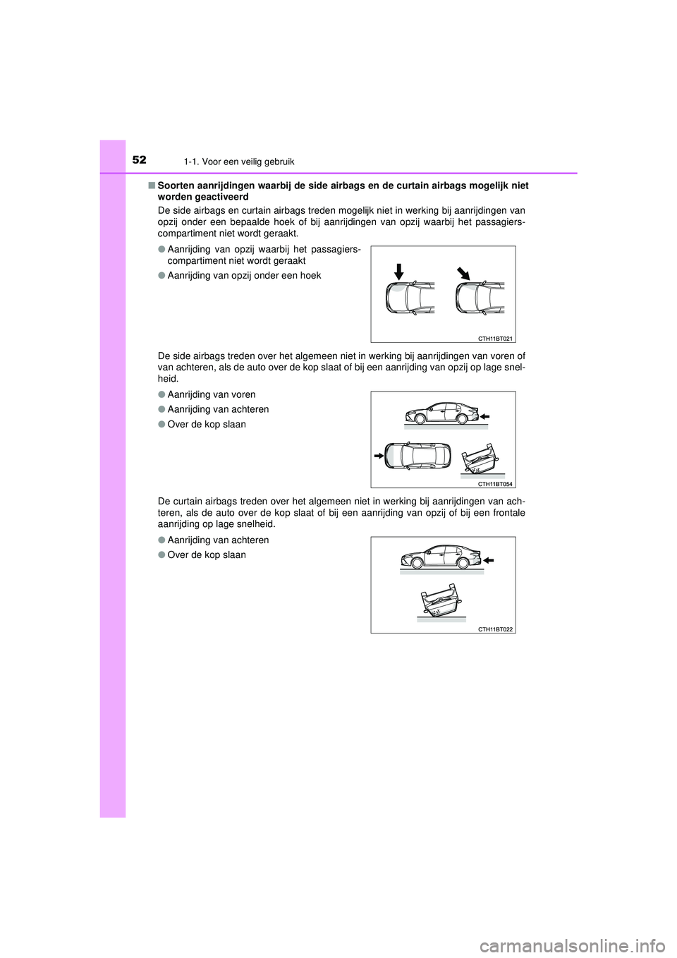 TOYOTA CAMRY 2021  Instructieboekje (in Dutch) 521-1. Voor een veilig gebruik
CAMRY_HV_EE■
Soorten aanrijdingen waarbij de side airb ags en de curtain airbags mogelijk niet
worden geactiveerd
De side airbags en curtain airbags treden mogelijk ni