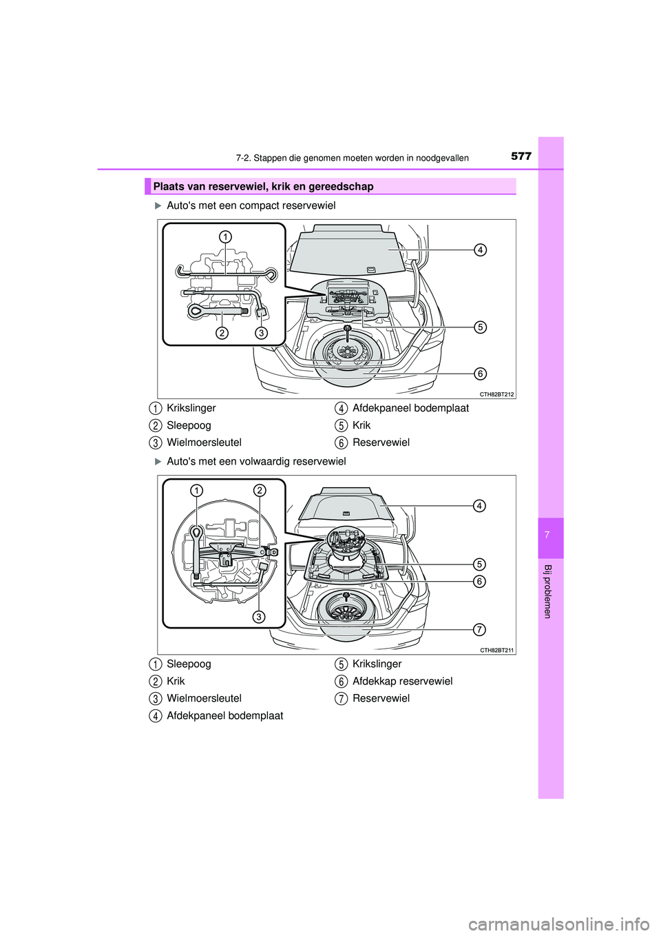 TOYOTA CAMRY 2021  Instructieboekje (in Dutch) 5777-2. Stappen die genomen moeten worden in noodgevallen
CAMRY_HV_EE
7
Bij problemen
Autos met een compact reservewiel
Autos met een volwaardig reservewiel
Plaats van reservewiel, krik en ger
