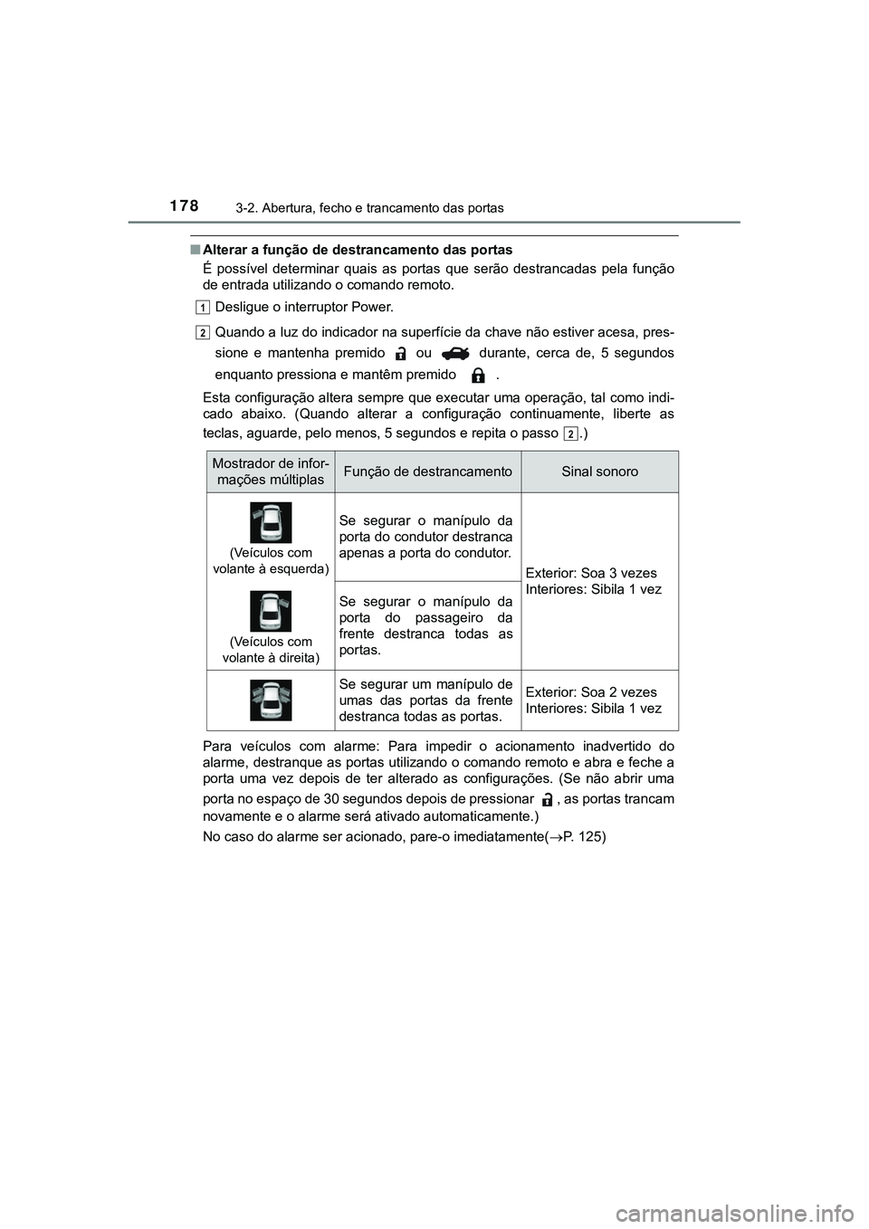 TOYOTA CAMRY 2021 Manual de utilização (in Portuguese) 1783-2. Abertura, fecho e trancamento das portas
CAMRY_HV_EE
■Alterar a função de destrancamento das portas
É possível determinar quais as portas que serão destrancadas pela função
TOYOTA CAMRY 2021 Manual de utilização (in Portuguese) 1783-2. Abertura, fecho e trancamento das portas
CAMRY_HV_EE
■Alterar a função de destrancamento das portas
É possível determinar quais as portas que serão destrancadas pela função