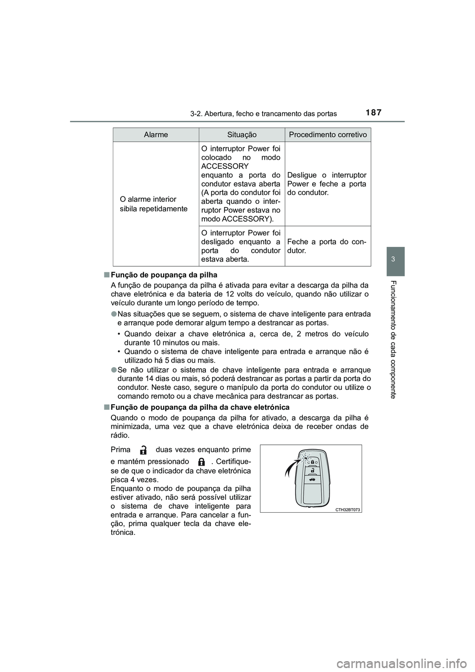 TOYOTA CAMRY 2021  Manual de utilização (in Portuguese) 1873-2. Abertura, fecho e trancamento das portas
CAMRY_HV_EE
3
Funcionamento de cada componente■Função de poupança da pilha
A função de poupança da pilha é ativada para evitar a descarga da p