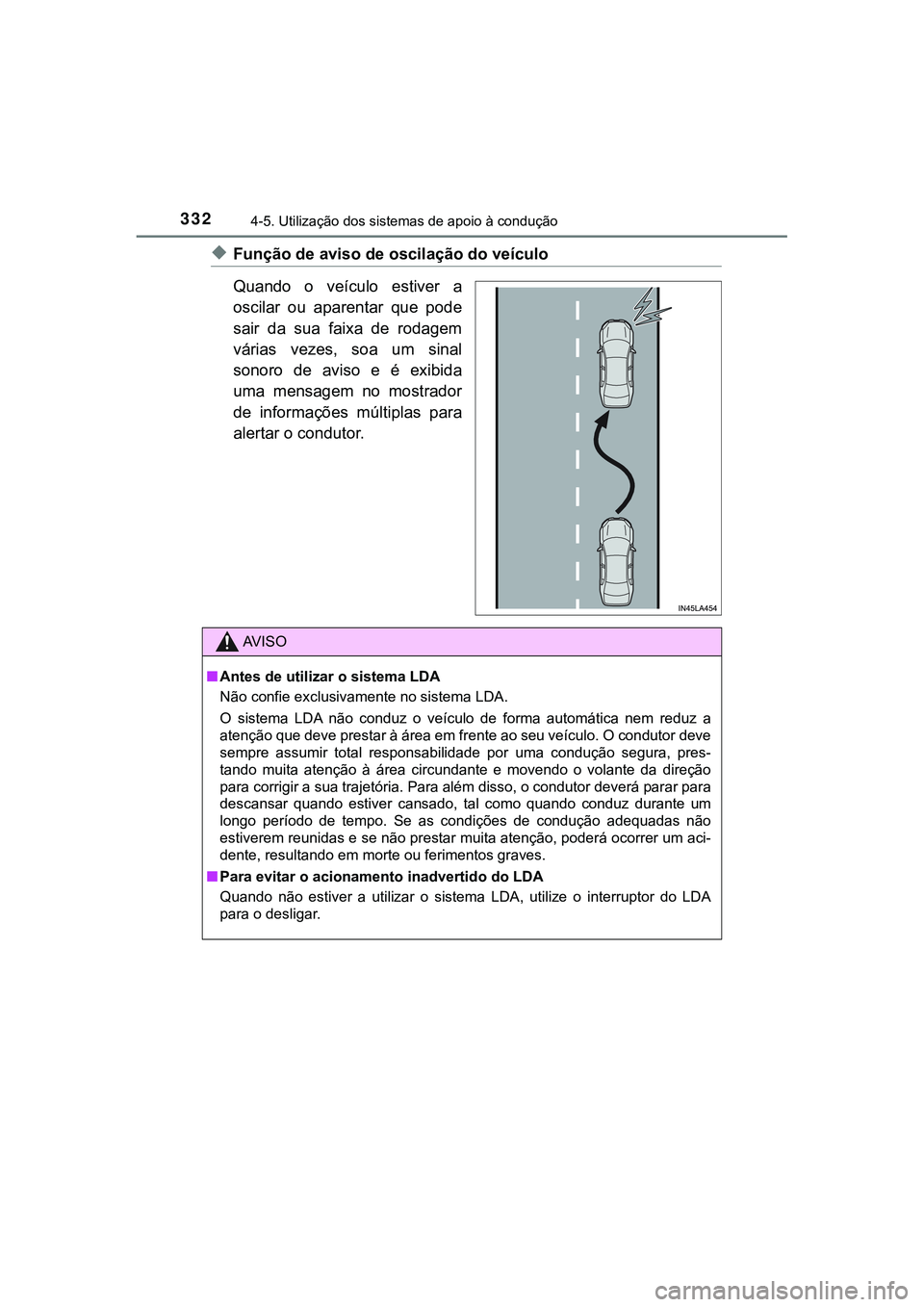 TOYOTA CAMRY 2021  Manual de utilização (in Portuguese) 3324-5. Utilização dos sistemas de apoio à condução
CAMRY_HV_EE
◆Função de aviso de oscilação do veículo
Quando  o  veículo  estiver  a
oscilar  ou  aparentar  que  pode
sair  da  sua  fa