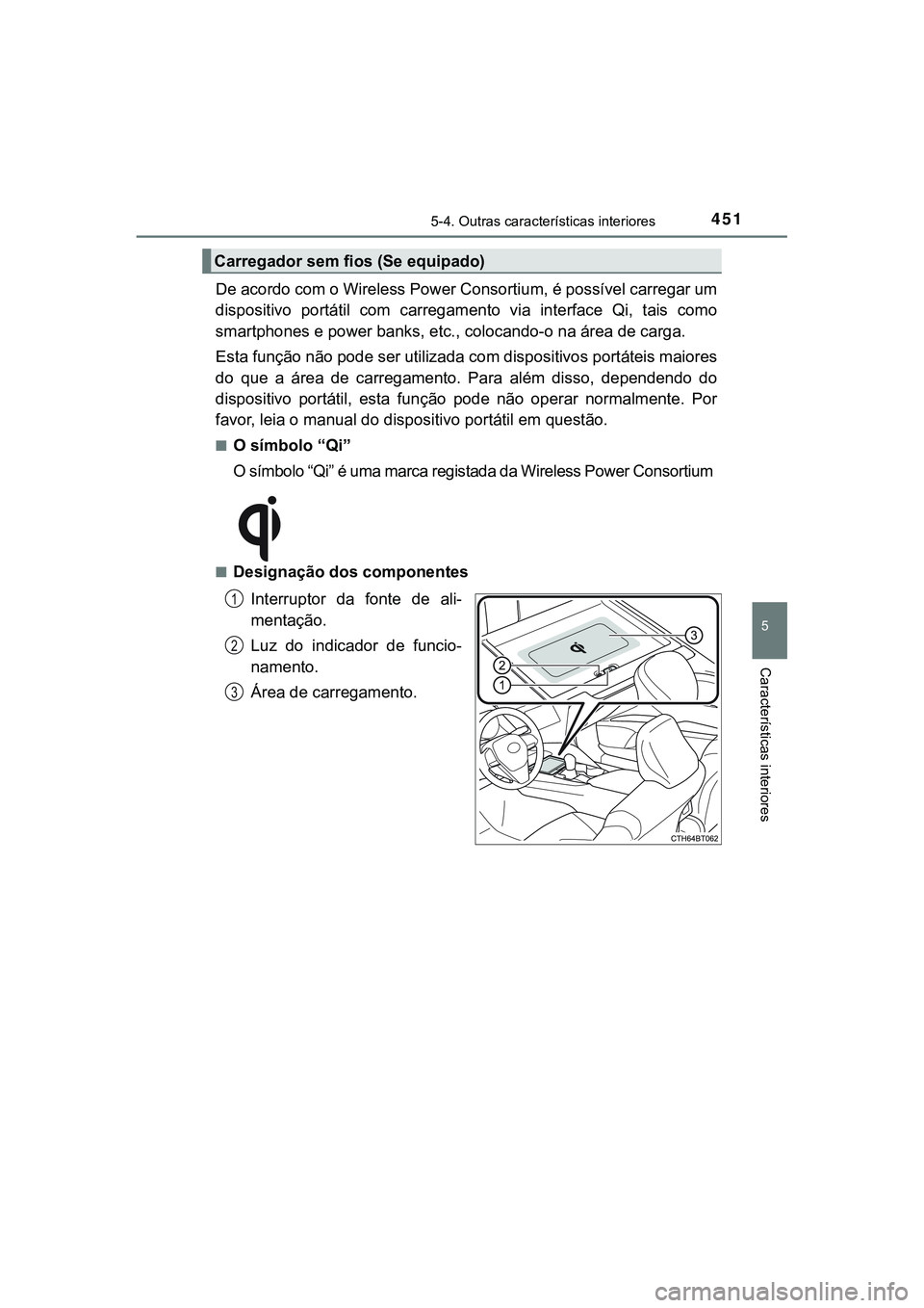 TOYOTA CAMRY 2021  Manual de utilização (in Portuguese) 4515-4. Outras características interiores
CAMRY_HV_EE
5
Características interiores
De acordo com o Wireless Power Consortium, é possível carregar um
dispositivo  portátil  com  carregamento  via 