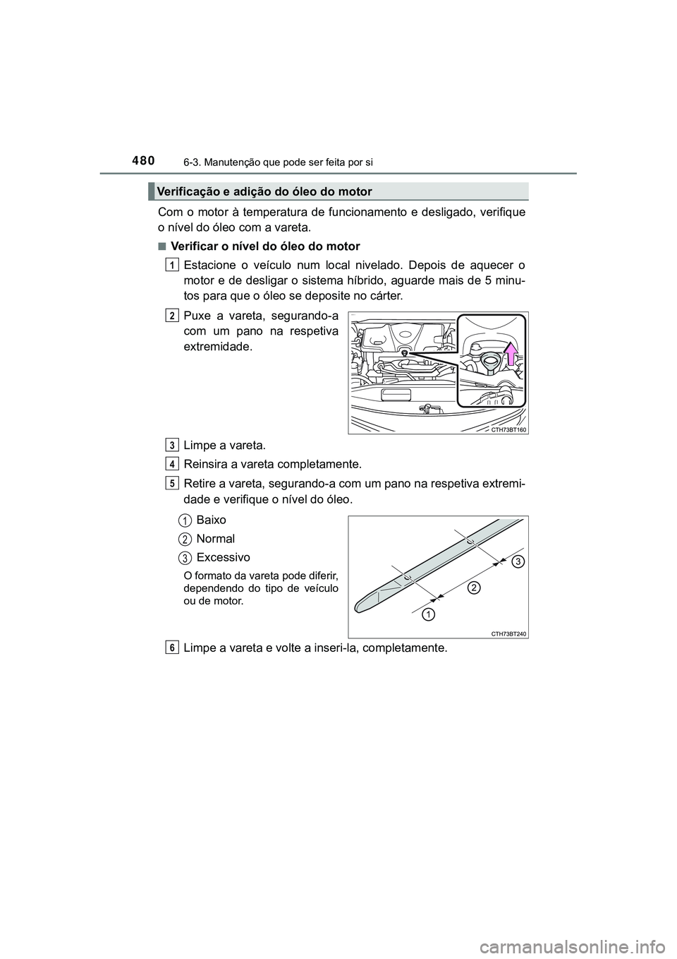 TOYOTA CAMRY 2021  Manual de utilização (in Portuguese) 4806-3. Manutenção que pode ser feita por si
CAMRY_HV_EE
Com  o  motor  à  temperatura  de  funcionamento  e  desligado,  verifique
o nível do óleo com a vareta.
■Verificar o nível do óleo do